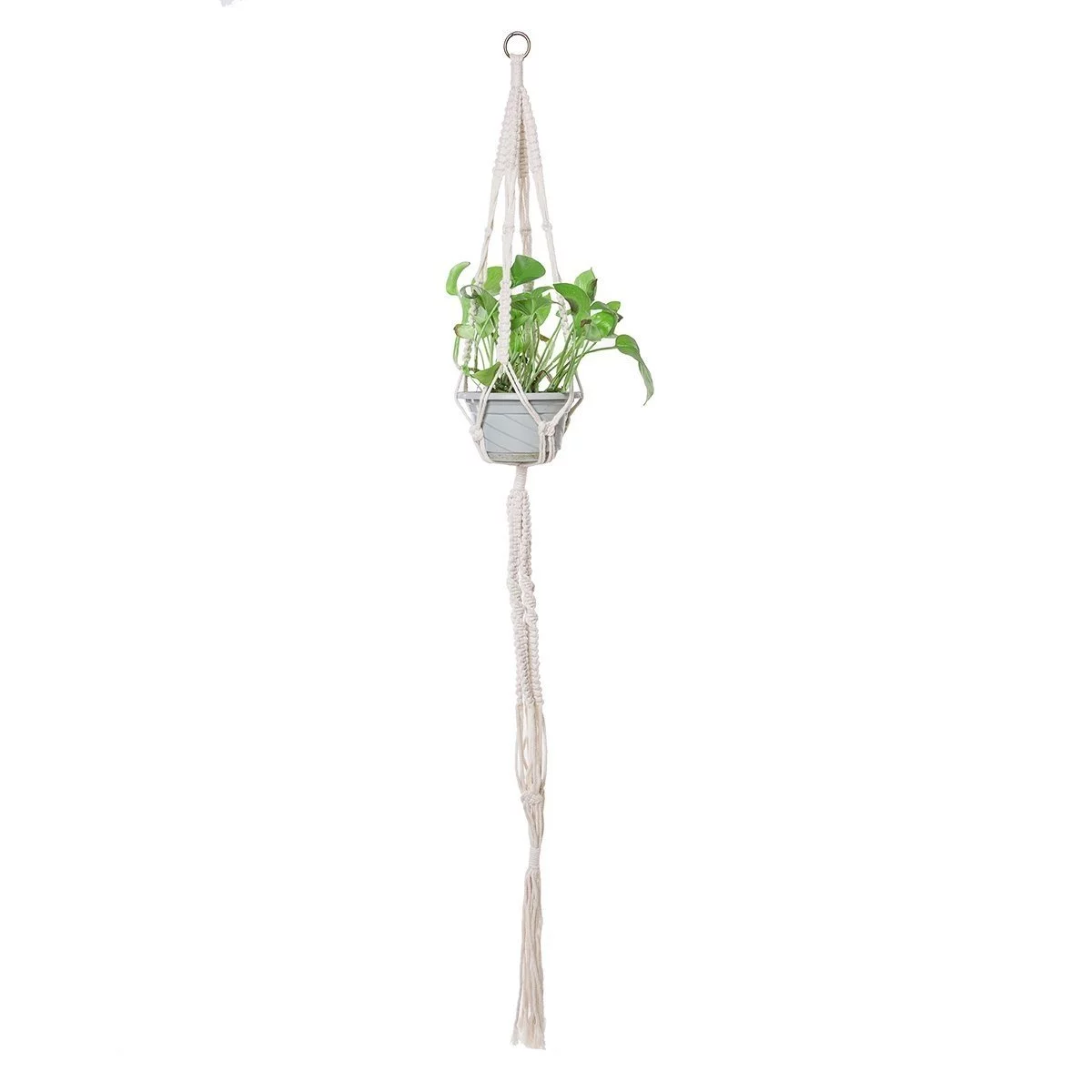 THY COLLECTIBLES Hand-Weaved Two-Tier Macrame Plant Hanger Indoor Outdoor Hanging Planter Basket Cotton Rope 4 Legs Beaded Creamy White (56