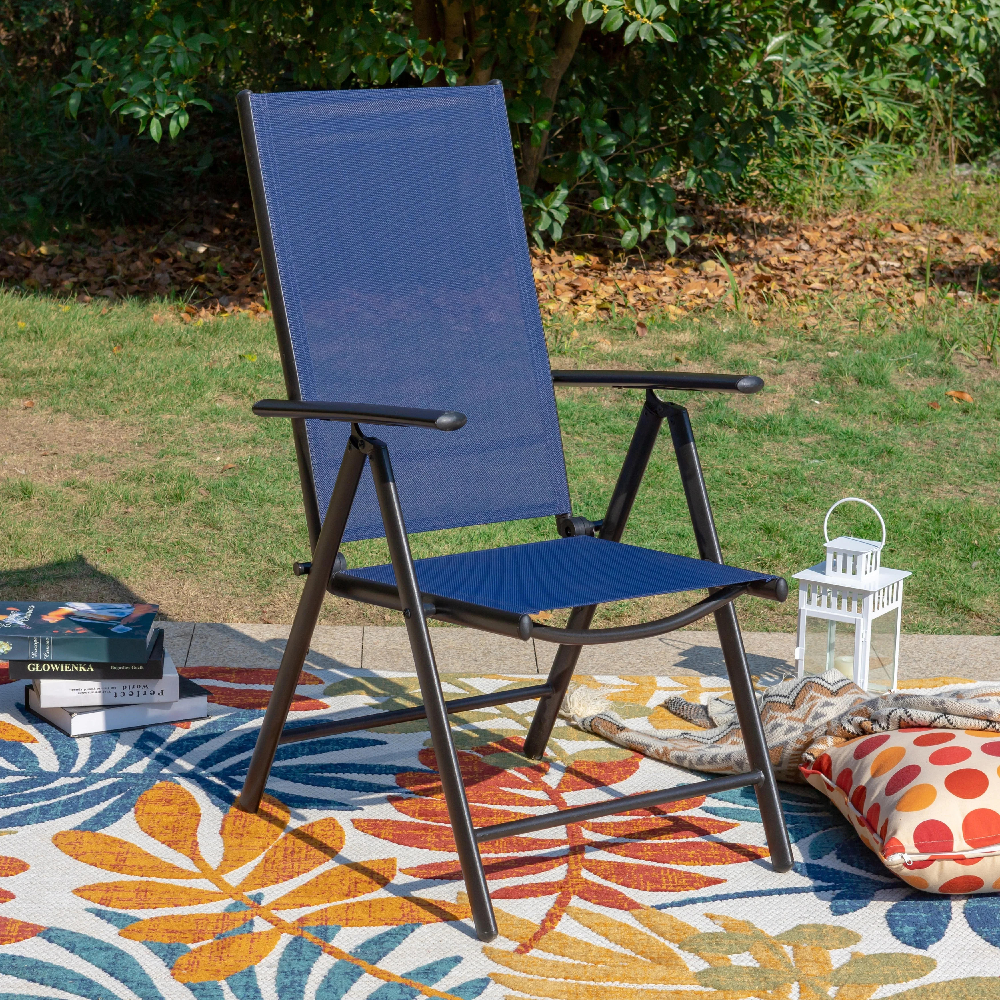 Outdoor 7-Pieces Dining Set, 6 x Reclining Folding Sling Dining Chairs and 1 Patio Dining Table Blue