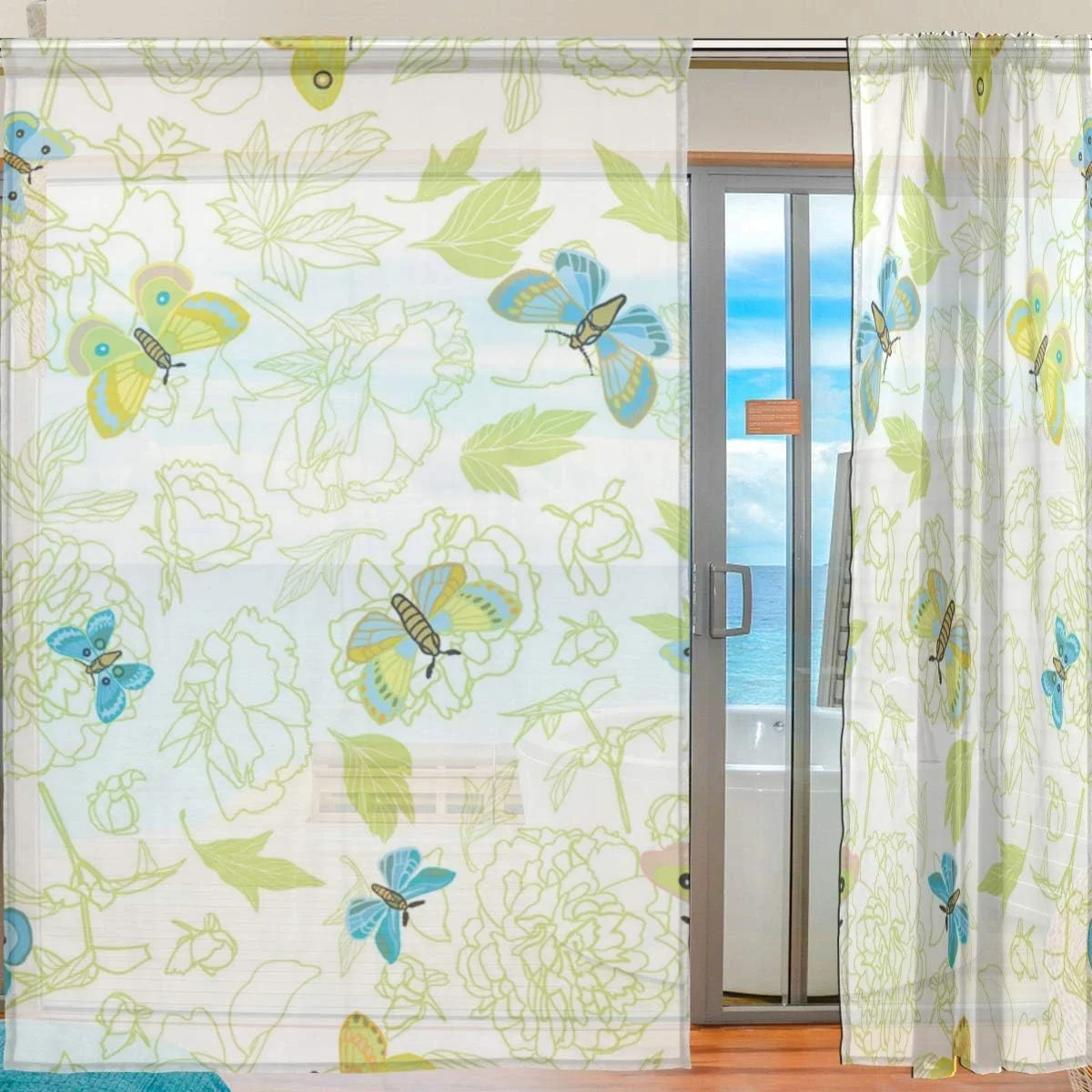 Coolnut Elegant Peony Butterfly Semi Sheer Curtains Window Voile Drapes Panels Treatment-55x84in for Living Room Bedroom Kids Room, 2 Pieces