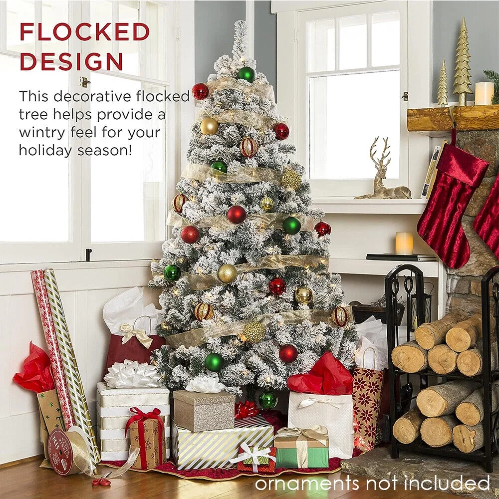 Roamrider 7.5ft Snow Flocked Christmas Tree Pre-Lit White Artificial Hinged Bushy Spruce