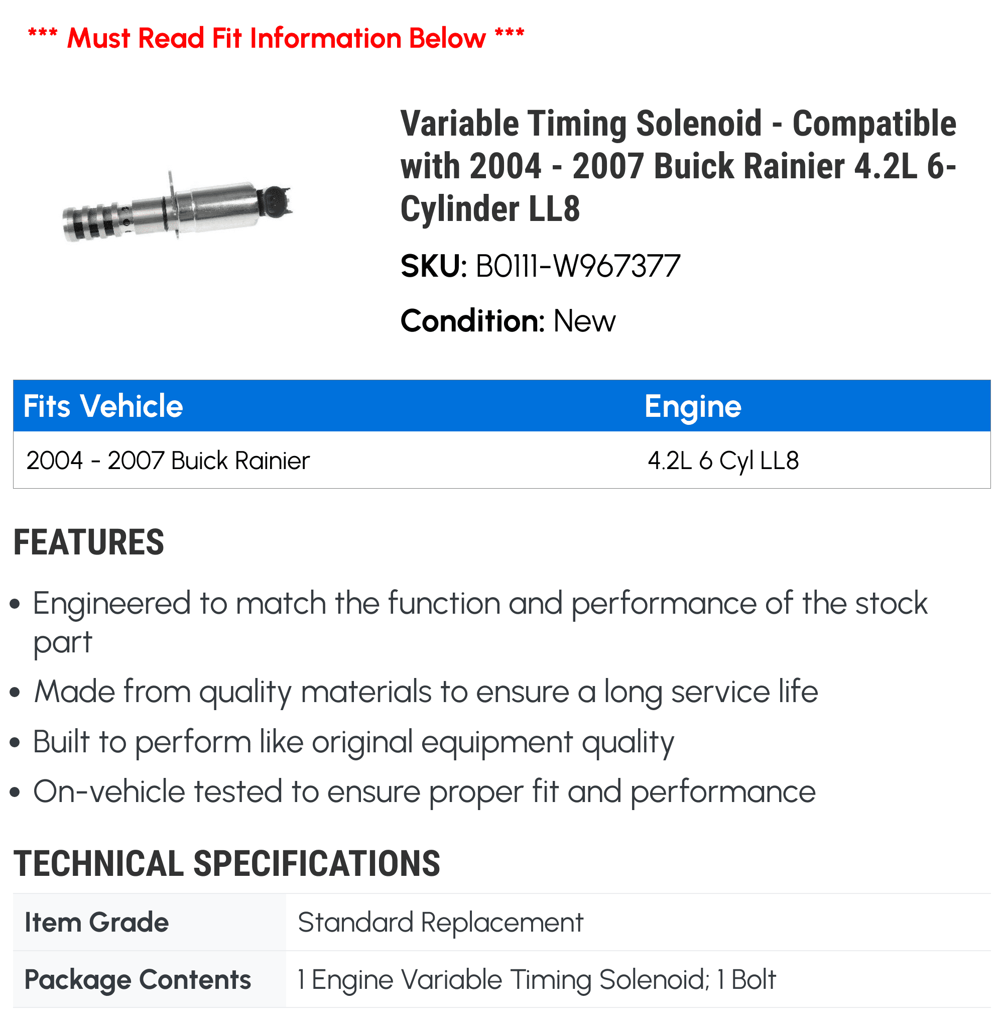 Variable Timing Solenoid - Compatible with 2004 - 2007 Buick Rainier 4.2L 6-Cylinder LL8 2005 2006