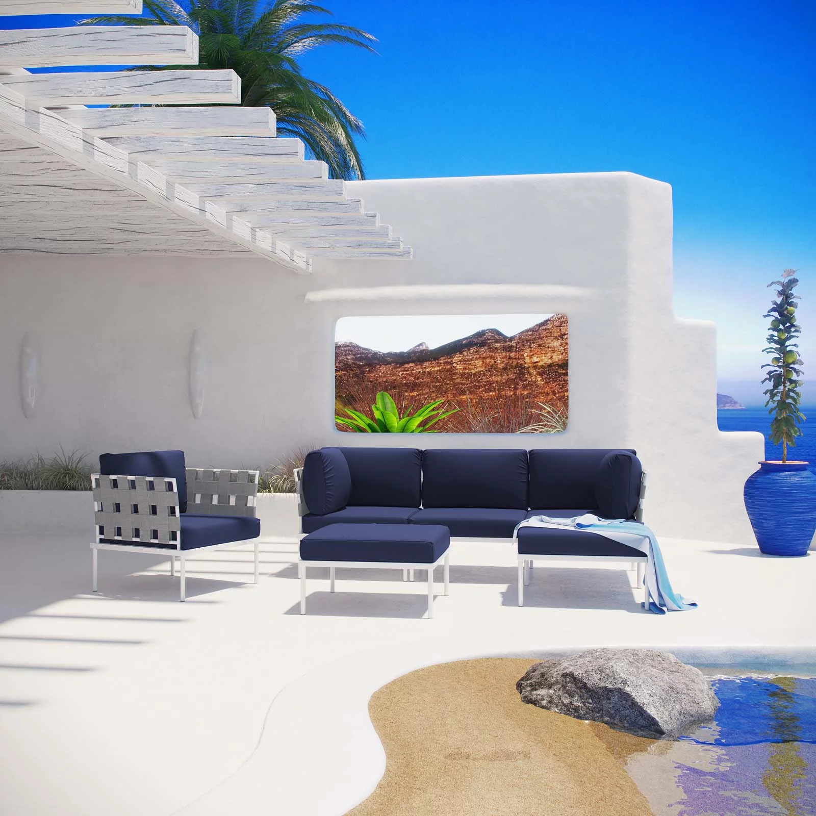 Modern Contemporary Urban Design Outdoor Patio Balcony Six PCS Sectional Sofa Set, Navy Blue White, Rattan