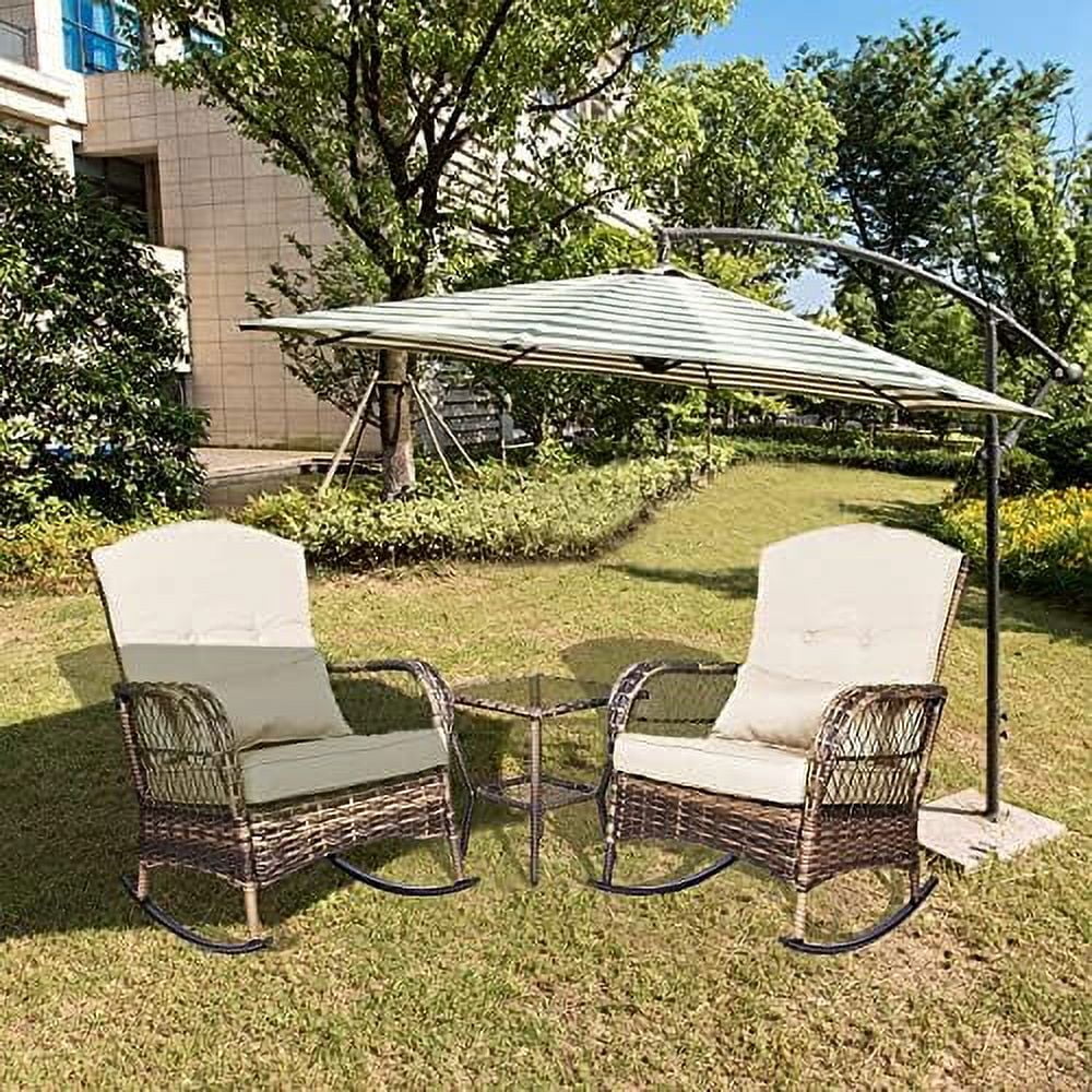 TJCGDTY 3 Pieces Outdoor Wicker Patio  Set PE Rattan Wicker Rocking Chairs with Thickened Cushion Modern  with Glass-Top Coffee Table for Garden  Pool  Backyard (Blue)