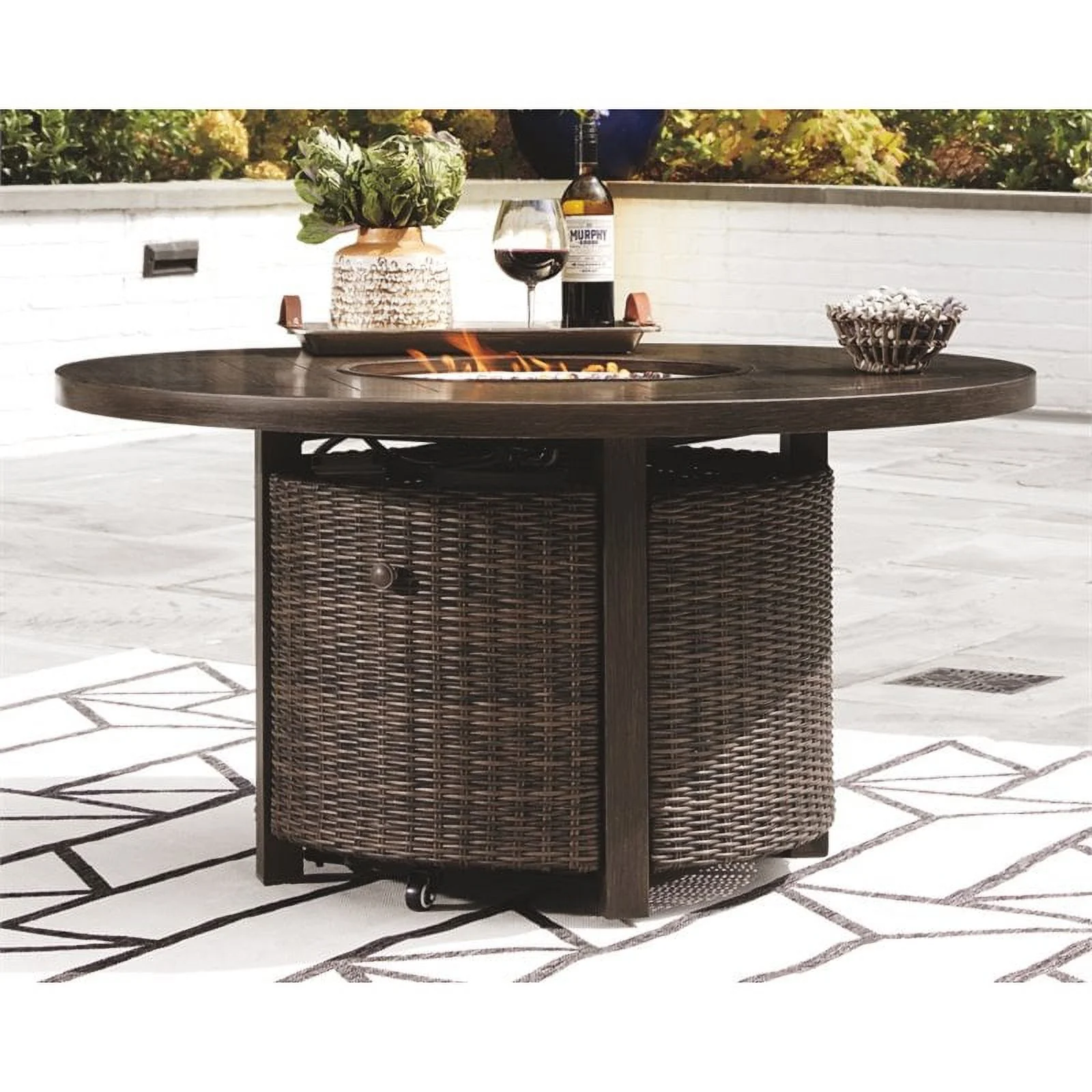 Bowery Hill Round Fire Pit Table in Medium Brown