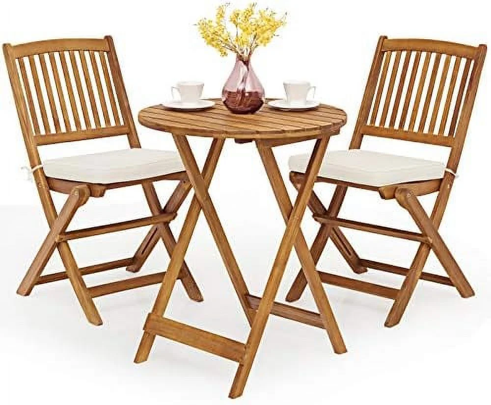 LNSETGC 3 PCS Patio Folding   Outdoor Acacia Wood Chair and Table Set w/Padded Cushion& Round Coffee Table  Ideal for Indoor Patio Poolside Garden (Cream)