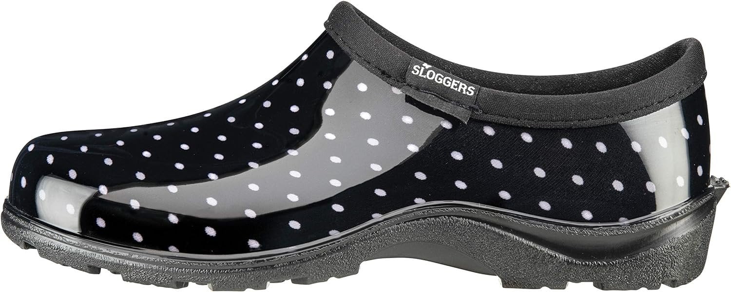 Sloggers Waterproof Garden Shoe for Women  Outdoor Slip-On Rain and Garden Clogs with Premium Comfort Support Insole, Polka Dot Black and White, Size 9