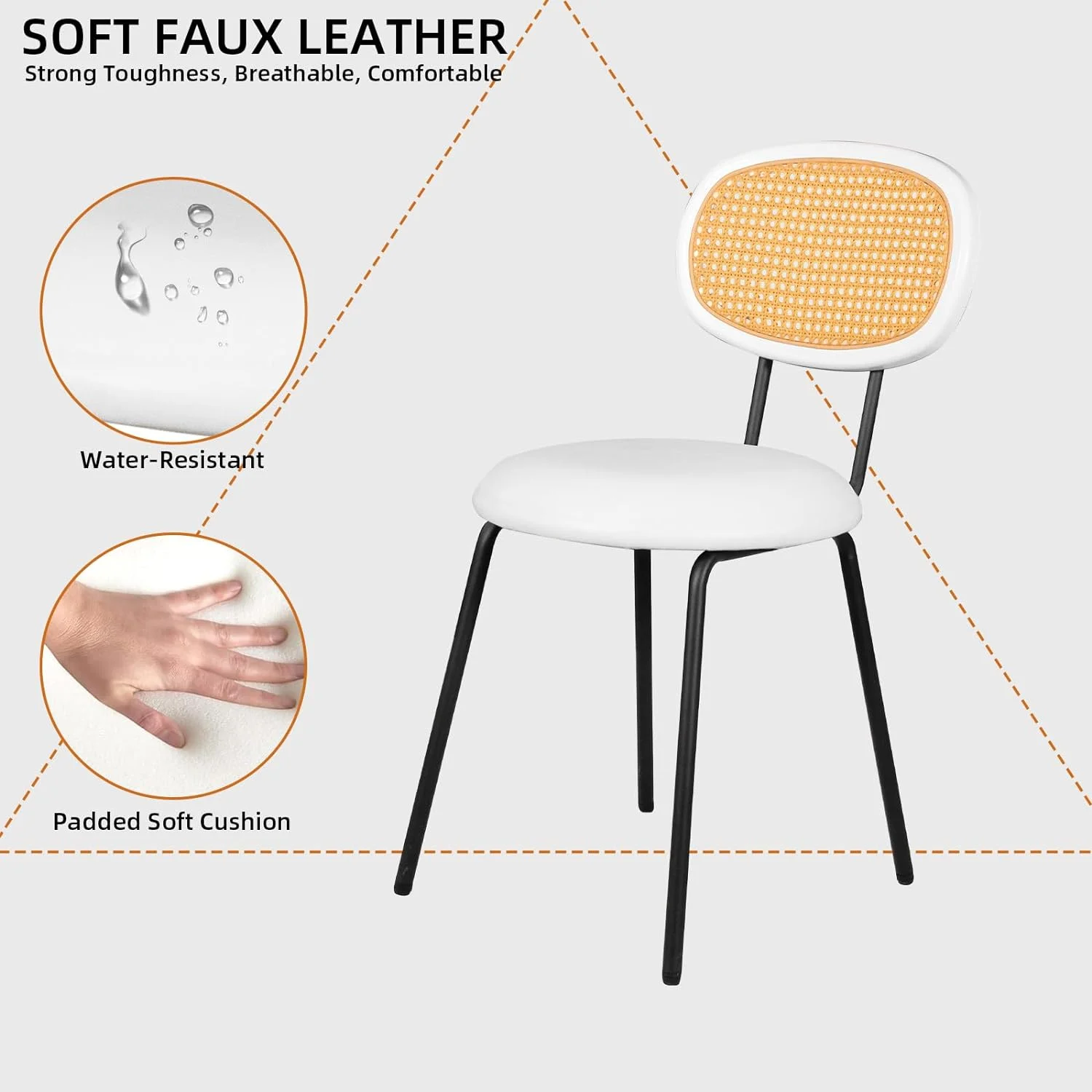 SJUIOK Dining Chairs  with Rattan Backrest  Brown Rattan Dining Chairs  Mid Century Modern Dining Chairs  Faux Leather Kitchen Side Chairs  Upholstered Kitchen Dining Chairs 18"