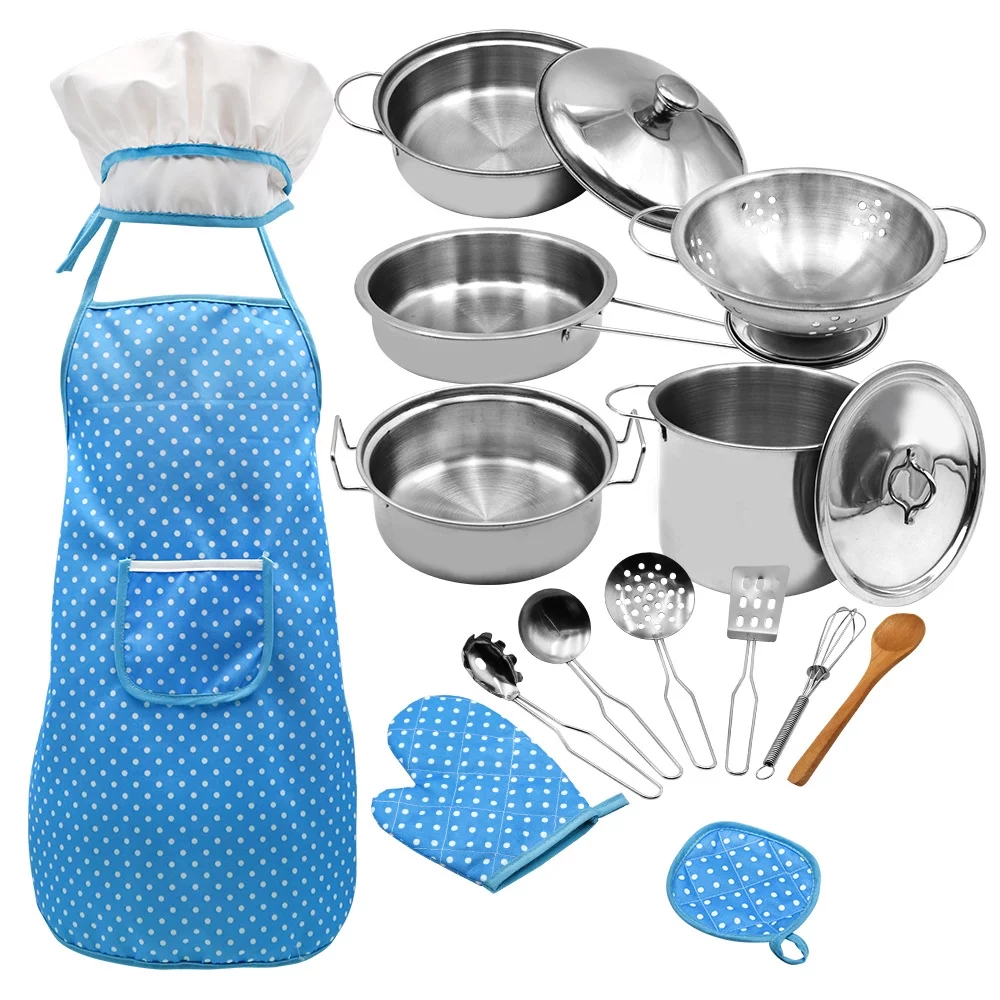 moobody Kids Cooking and Baking Set Blue 18 PCS with Hat Apron Oven Mitt Pan Soup Pot Spoon Shovel Kitchen Utensils