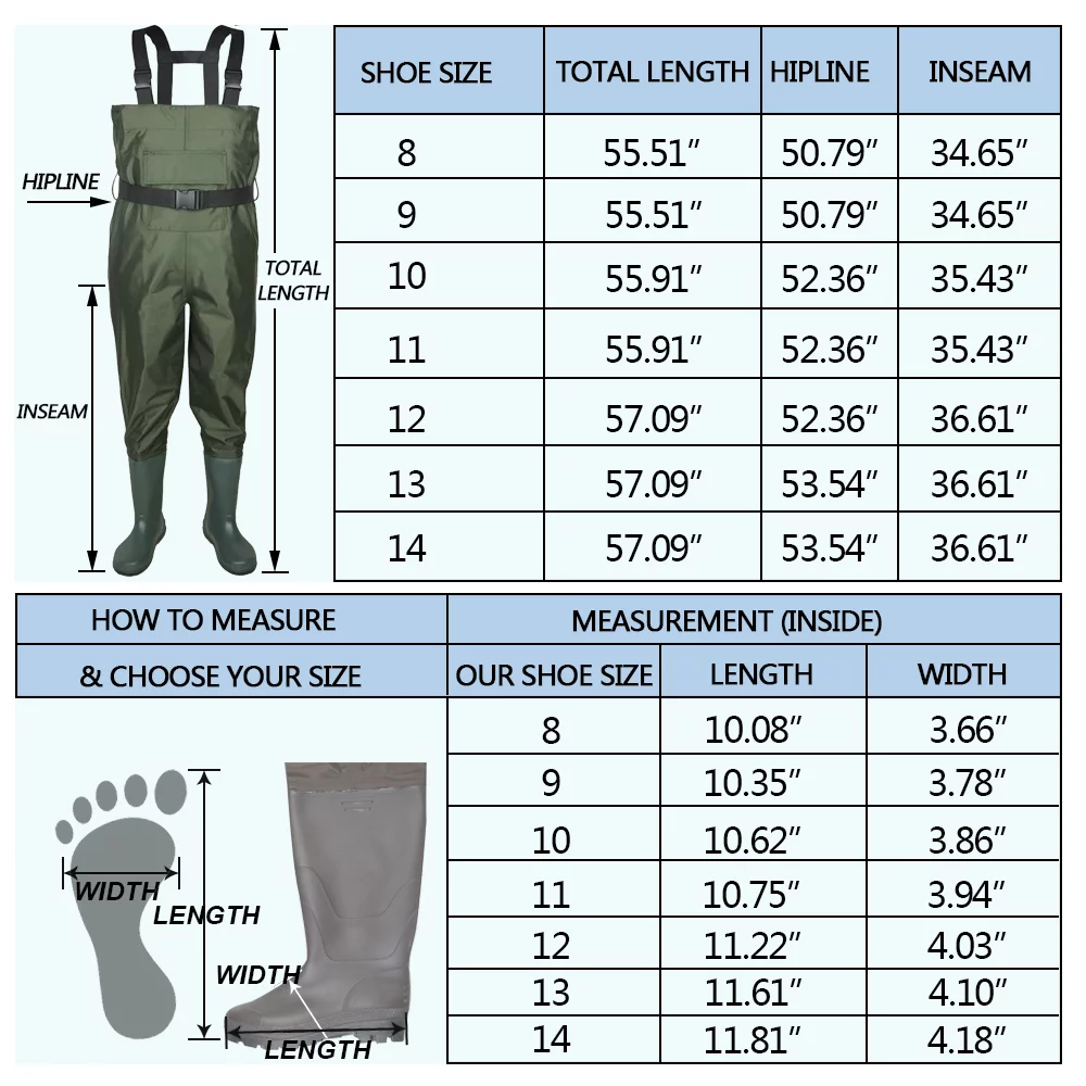 Chest Waders Fishing Hunting Bootfoot Wader for Men Woman with Non-Slip Boots Wading Belt Waterproof Nylon Rubber Green US Size 8