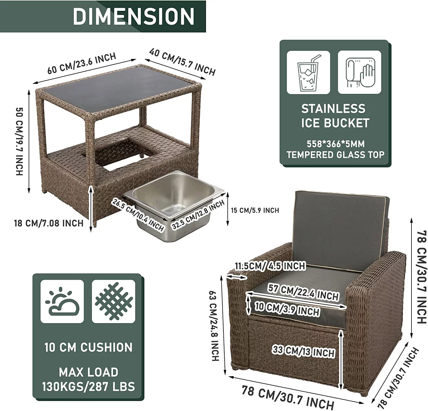 FURNITURE ONE 3 PCS Patio Rattan Furniture Bistro Set Cushioned Sofa Chair Glass Table with Ice Bucket Garden Armchair Set