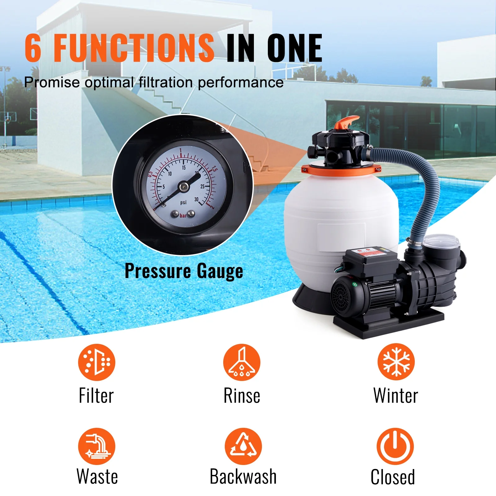 Sand Filter Above Ground with 3/4HP Pool Pump 3000GPH Flow 14