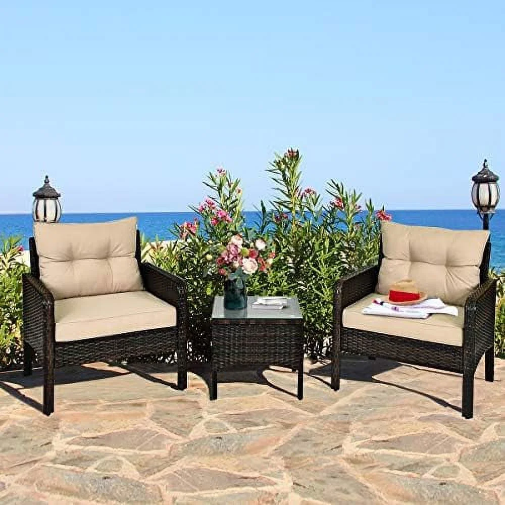 HYHBIBOOM 3 Pieces Patio Conversation Set Outdoor Rattan Wicker  Set with Coffee Table & Chairs Patio Bistro with Seat Cushions for Garden Balcony Backyard Poolside
