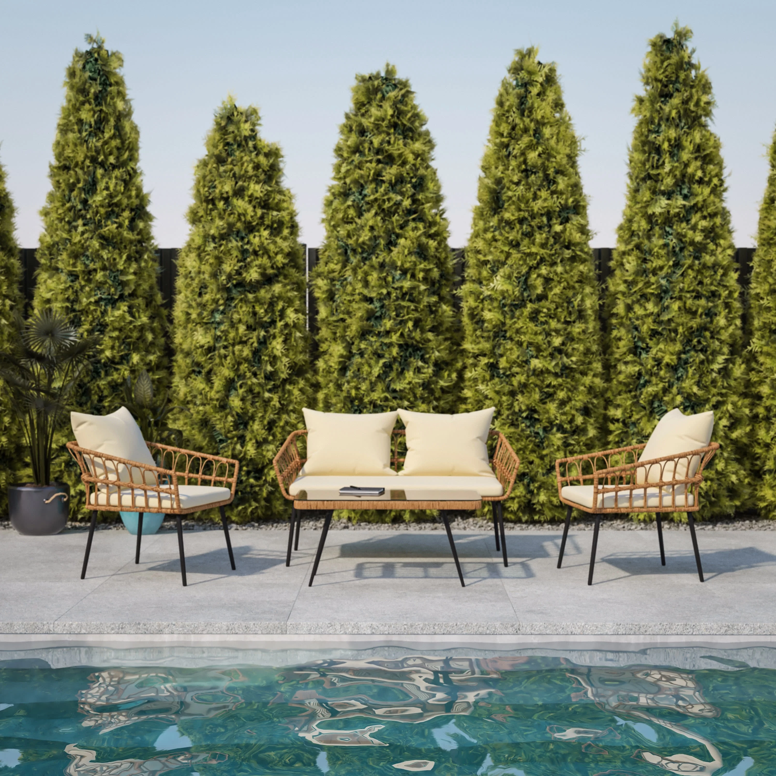 BizChair Evin Boho 4 Piece Indoor/Outdoor Rope Rattan Patio Conversation Set with Tempered Glass Top Coffee Table and Cream Cushions, Natural