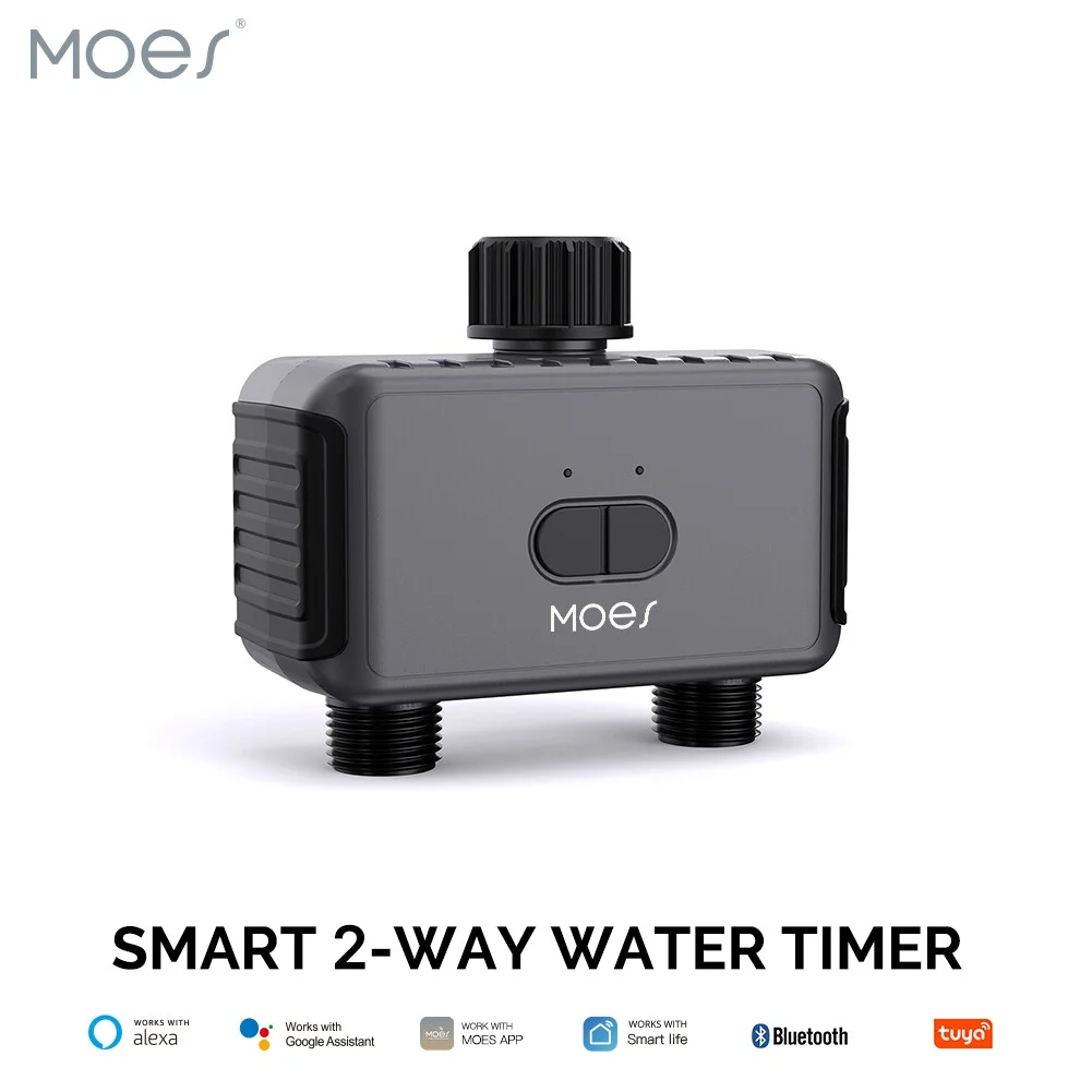 Tuya Bluetooth Irrigation Water Valve Smart Home Garden 2 Way Irrigation Water Valve app Remote Sprinkler Dual Outlet Irrigation Valve Timer Ships Without Battery