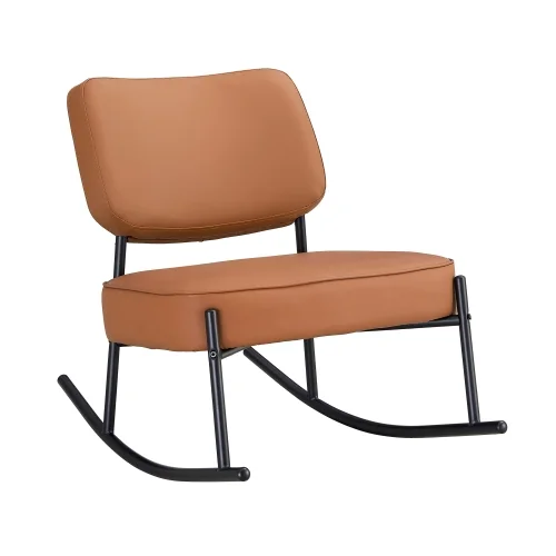 PU material cushioned rocking chair, unique rocking chair, cushioned seat, brown backrest rocking chair, black metal legs
