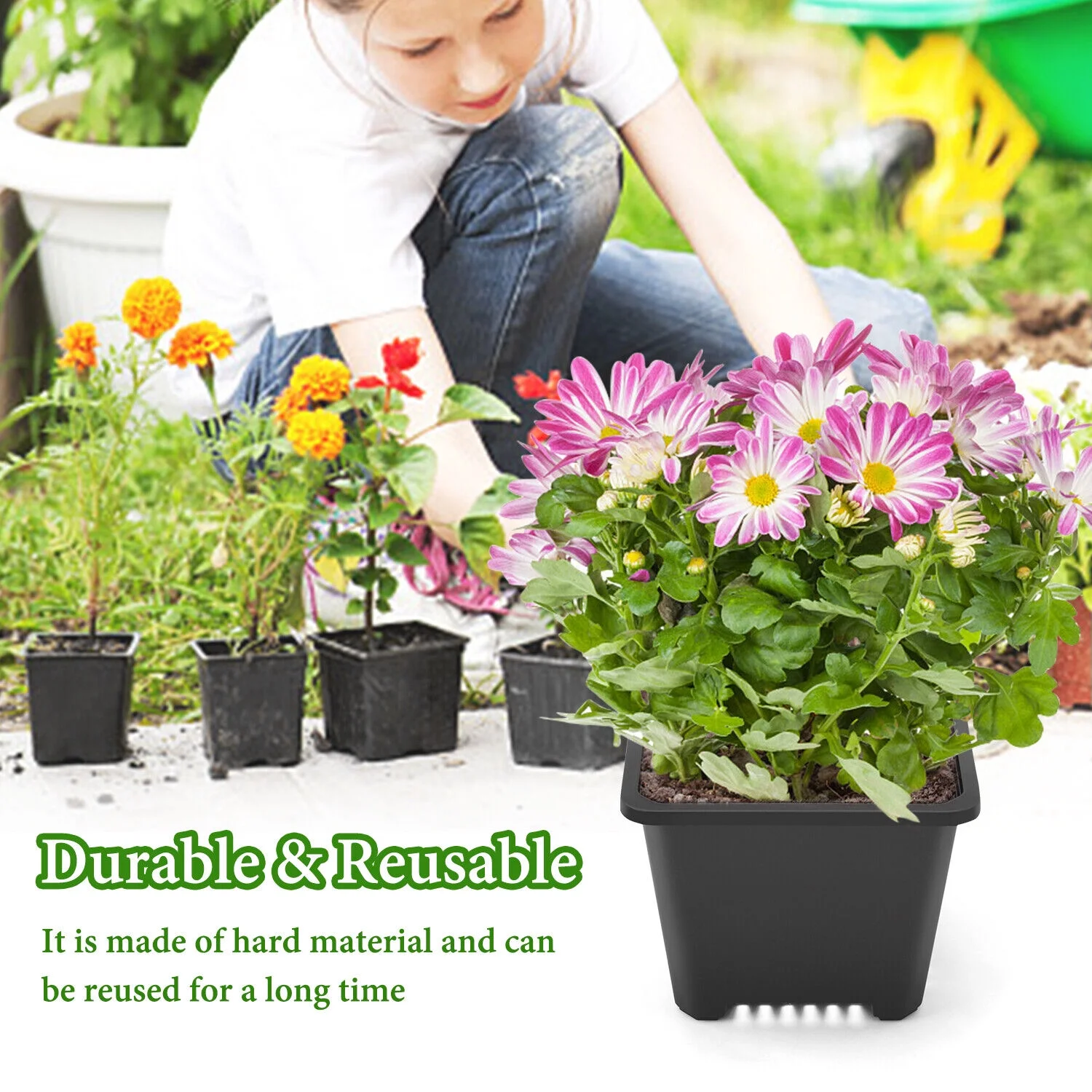 Black Square Plastic Seedling Pots Seed Pots Flower Pots Transplant Pot Home US