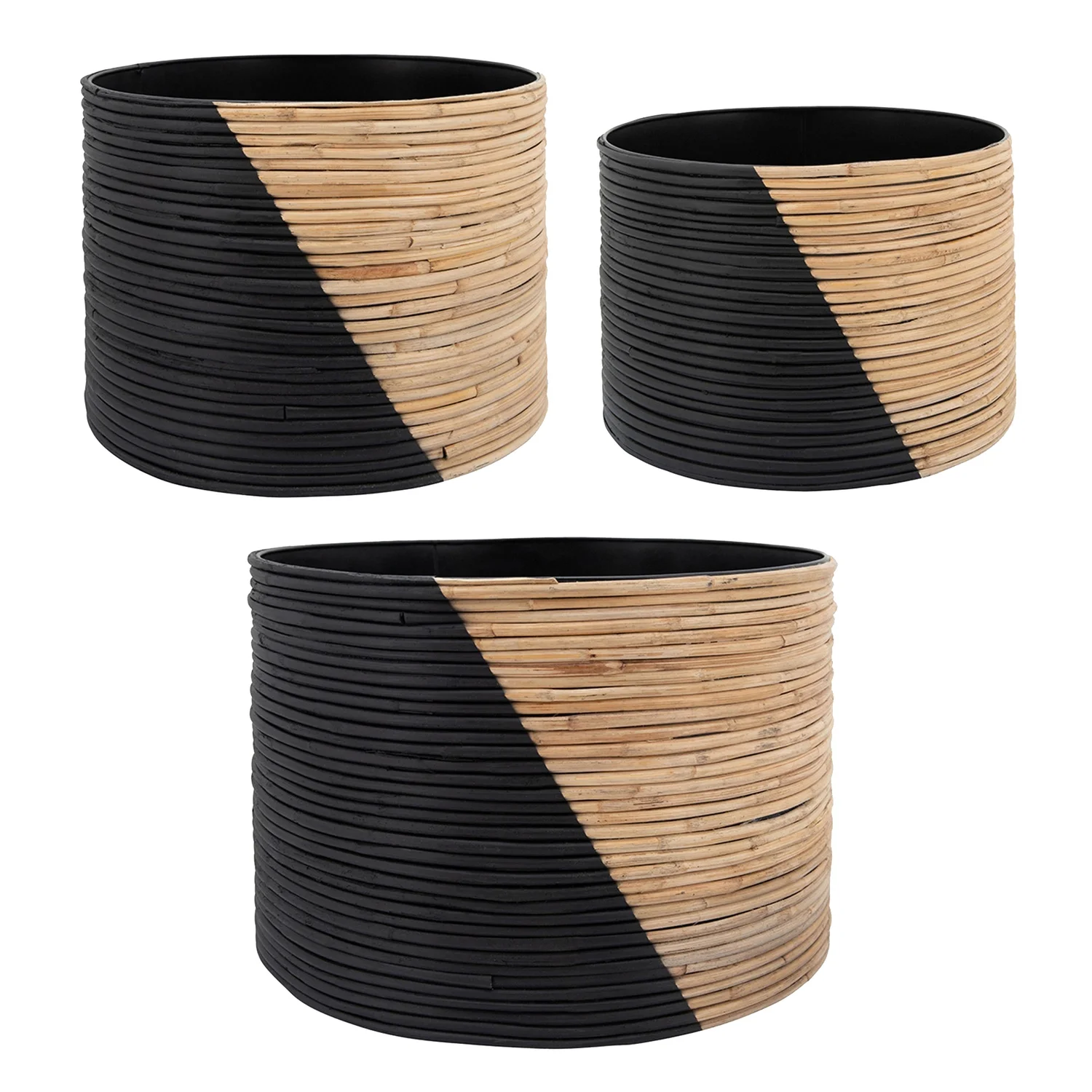 Benjara  18 in. Hiza Indoor Outdoor Wicker Weave Planter, Black & Brown - Set of 3