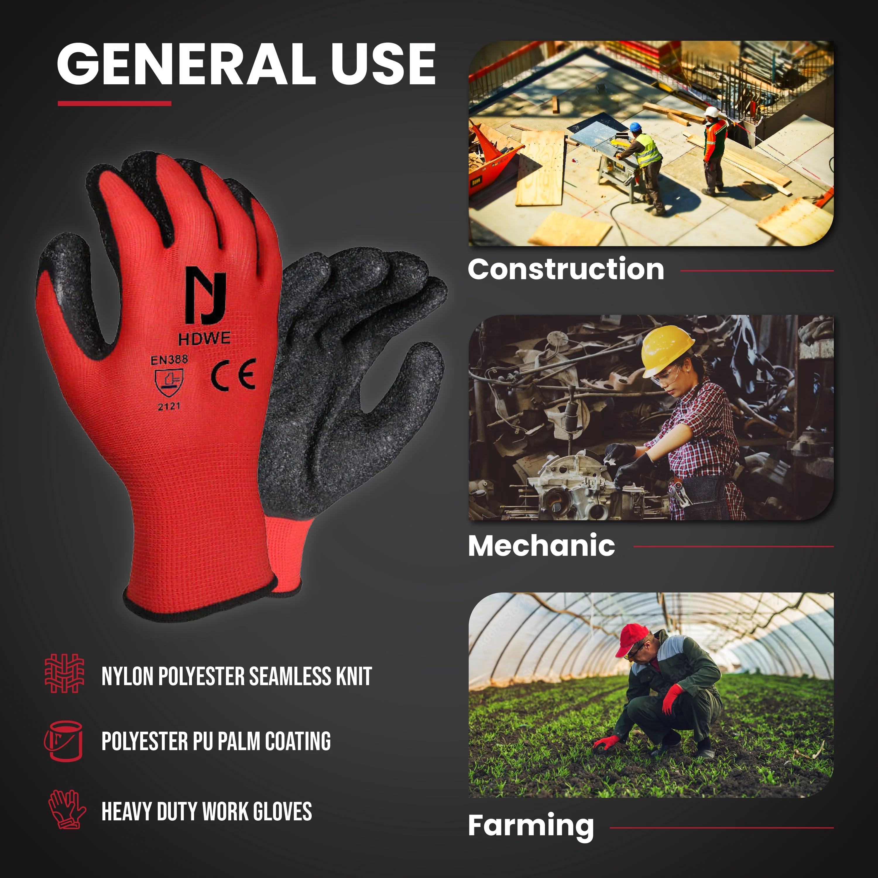 NJ HDWE Work Gloves for Men & Women-Breathable & Comfy, Gardening, Plumbing, Electrician, 2X Coated Safety Work Gloves (Extra Large)