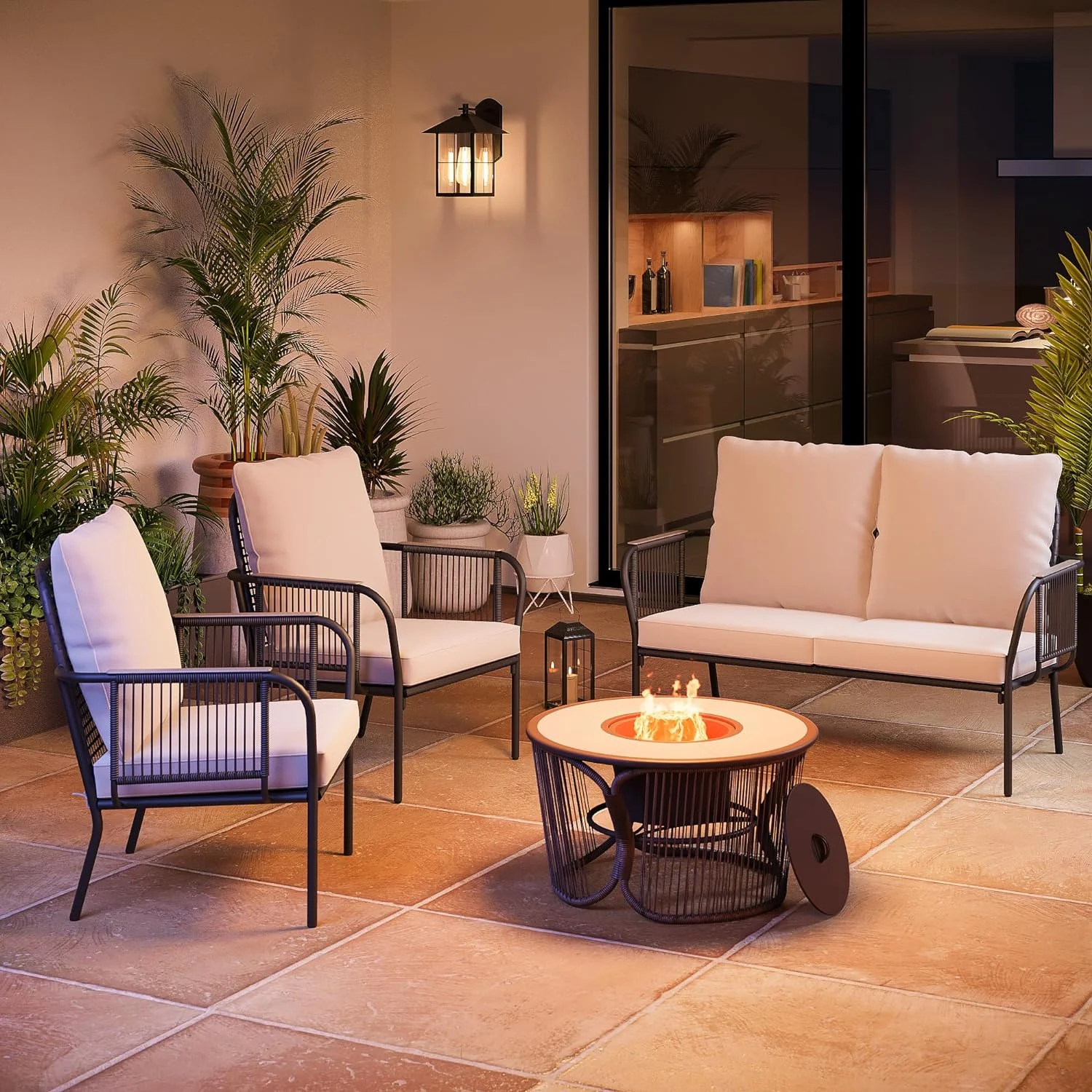 Dina 4-Piece Patio Furniture Set with Fire Pit  Patio Conversation Sets with 5 Inch Thick Cushions  No Screws Quick Installation Outdoor Patio Set  Wooden Armrest and Fire Pit