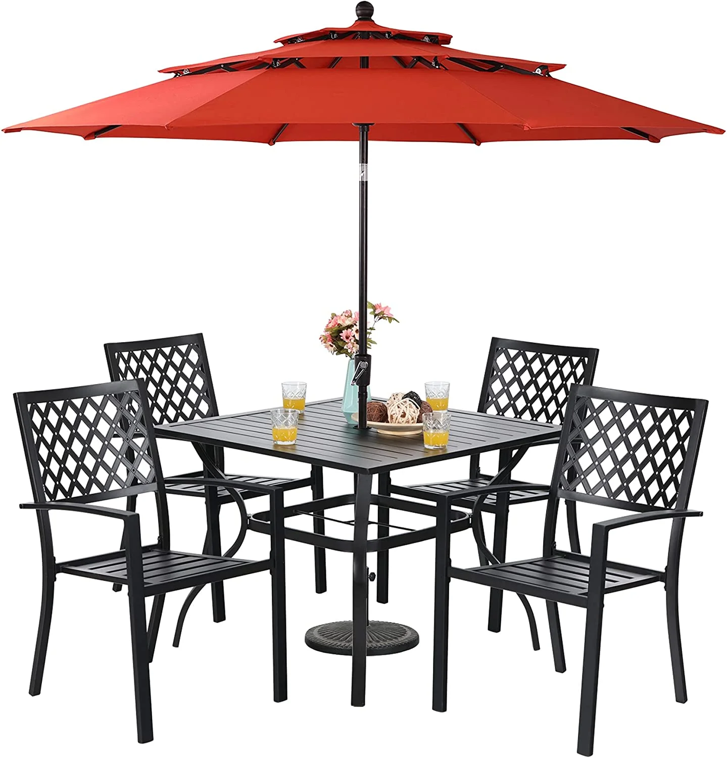 & William Patio Dining Set with 13ft Double-Sided Patio Umbrella  8 Piece Metal Outdoor Table Furniture Set with 6 Outdoor Chairs & 1 Rectangular Dining Table & 1 Large Orange