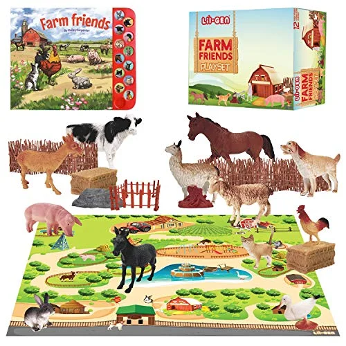 Lil-Gen Farm Animals with Farm Animal Sound Book, 12 Toy Figures with Playmat and Farm Accessories for Toddlers - Farm Playset for Boys and Girls 2 Years Old & Up (22 Piece Set)