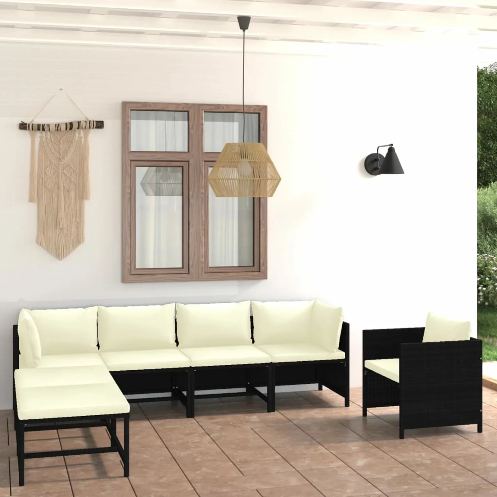 Walmeck 7 Piece Patio Set with Cushions Poly Rattan Black