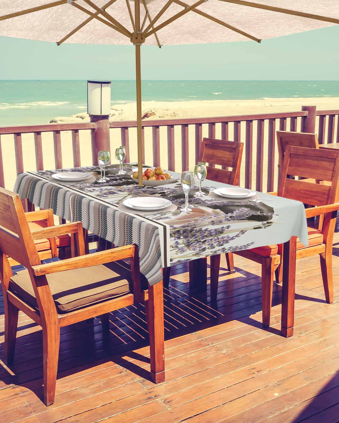 Outdoor Tablecloth with Umbrella Hole, Farm Cows Purple Lavender Stripes Pattern Green Waterproof Picnic Table Cover, Zippered Rectangle&nbsp;Table Cloth for Patio&nbsp;Party Garden, 60”x84”