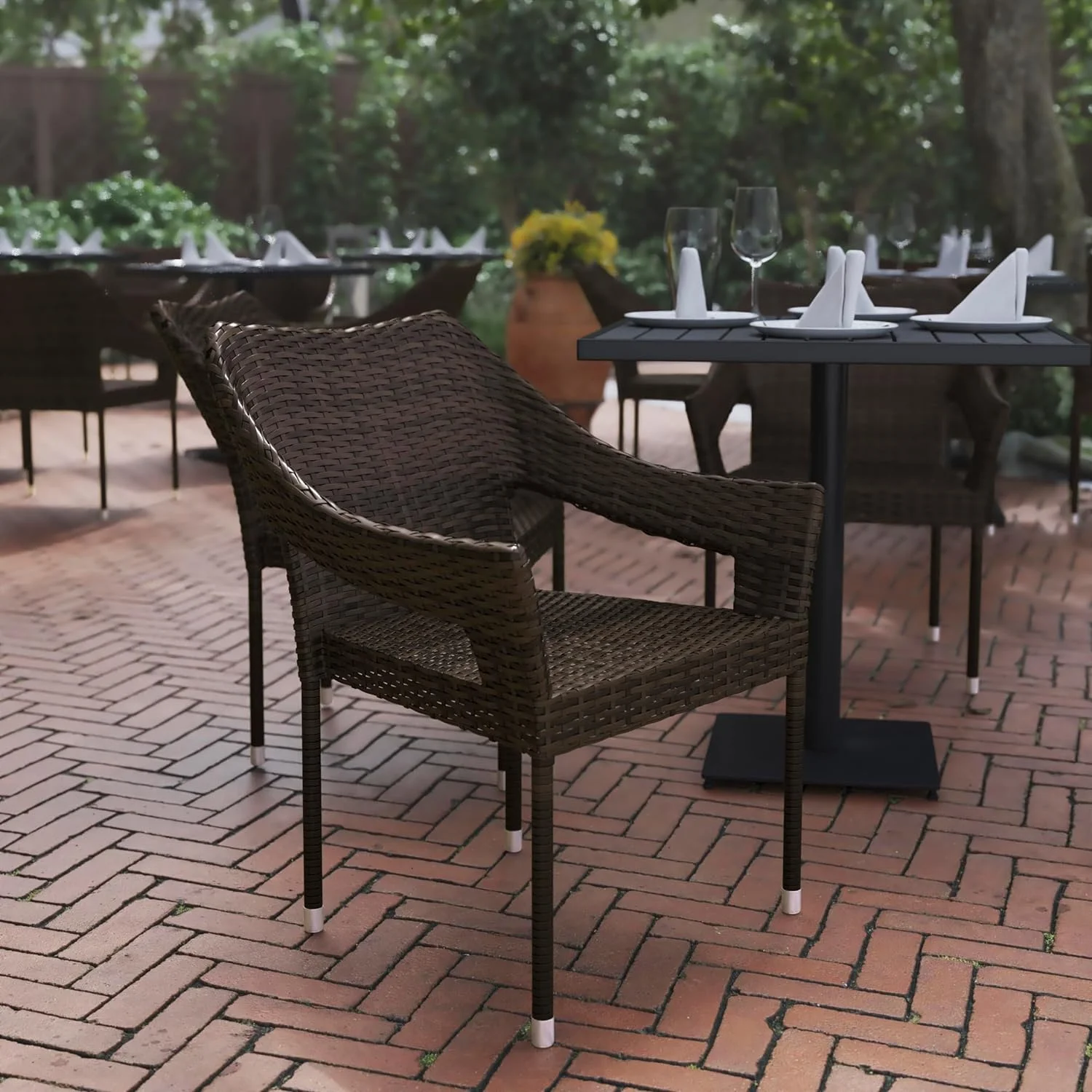 Grade Patio Chair, All Weather PE Rattan Wicker Stacking Patio Dining Chair, Espresso