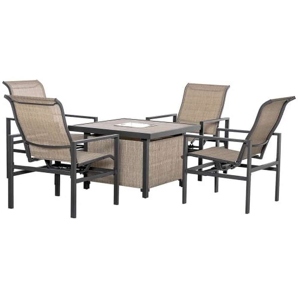 Buumin 5 Piece Garden Patio Dining Set, Steel, Outdoor Conversation Set, Square Dinner Table with Built-in Ice Bucket Insert, 4 Rocking Chairs for Garden, Lawn, Backyard, Beige