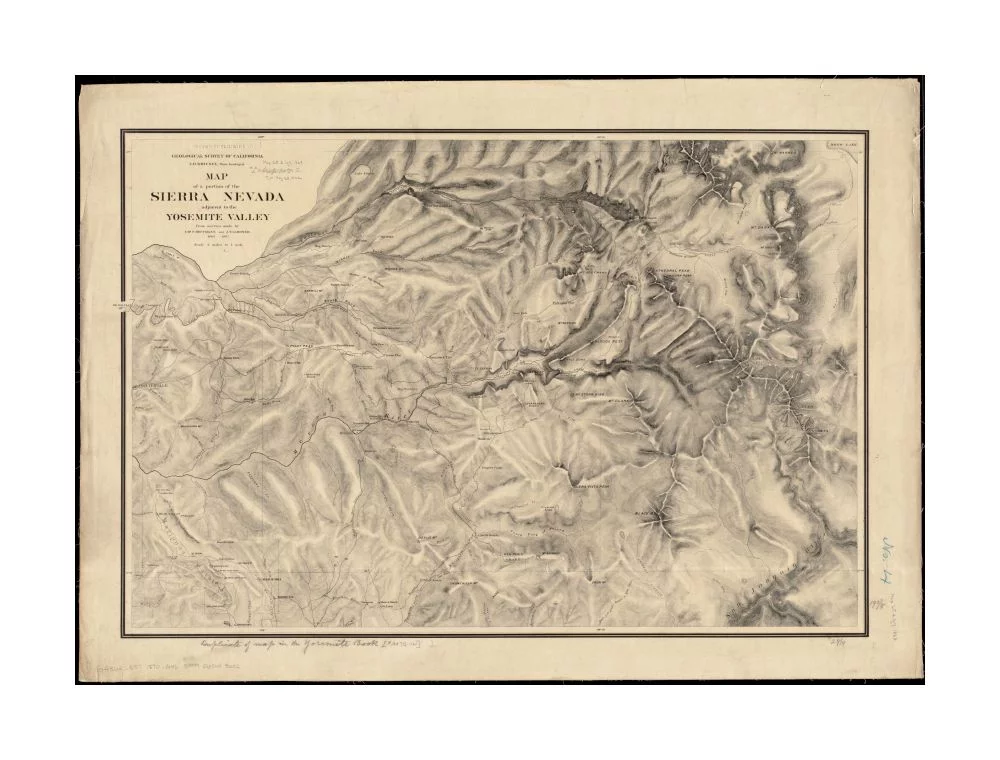 1870 Map California | Mariposa | Yosemite National Park | Nevada, Sierra of a portion of the Sierra Nevada adjacent to the Yosemite Valley Relief shown by hachures. Extends from Mariposa to Big Oak Fl