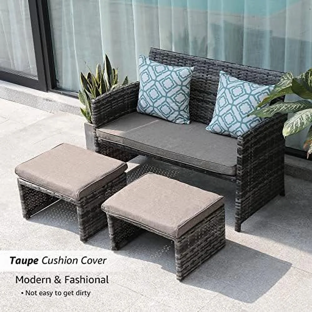 AYFDEGT Outdoor Loveseat Patio  Rattan Conversation Set with Ottoman  Light Grey Cushions  Grey Wicker  Pillows Included
