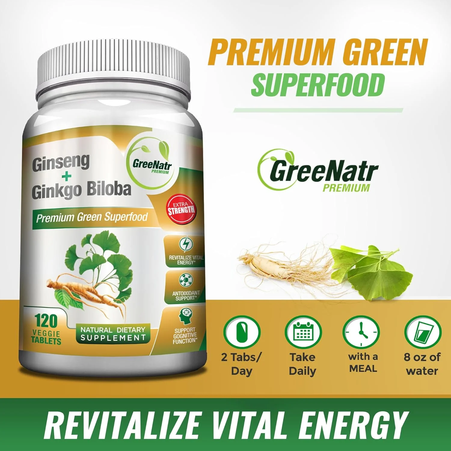 Panax Ginseng + Ginkgo Biloba Tablets - Premium Non-GMO/Veggie Superfood - Traditional Energy Booster and Brain Sharpener (120 Tablets)