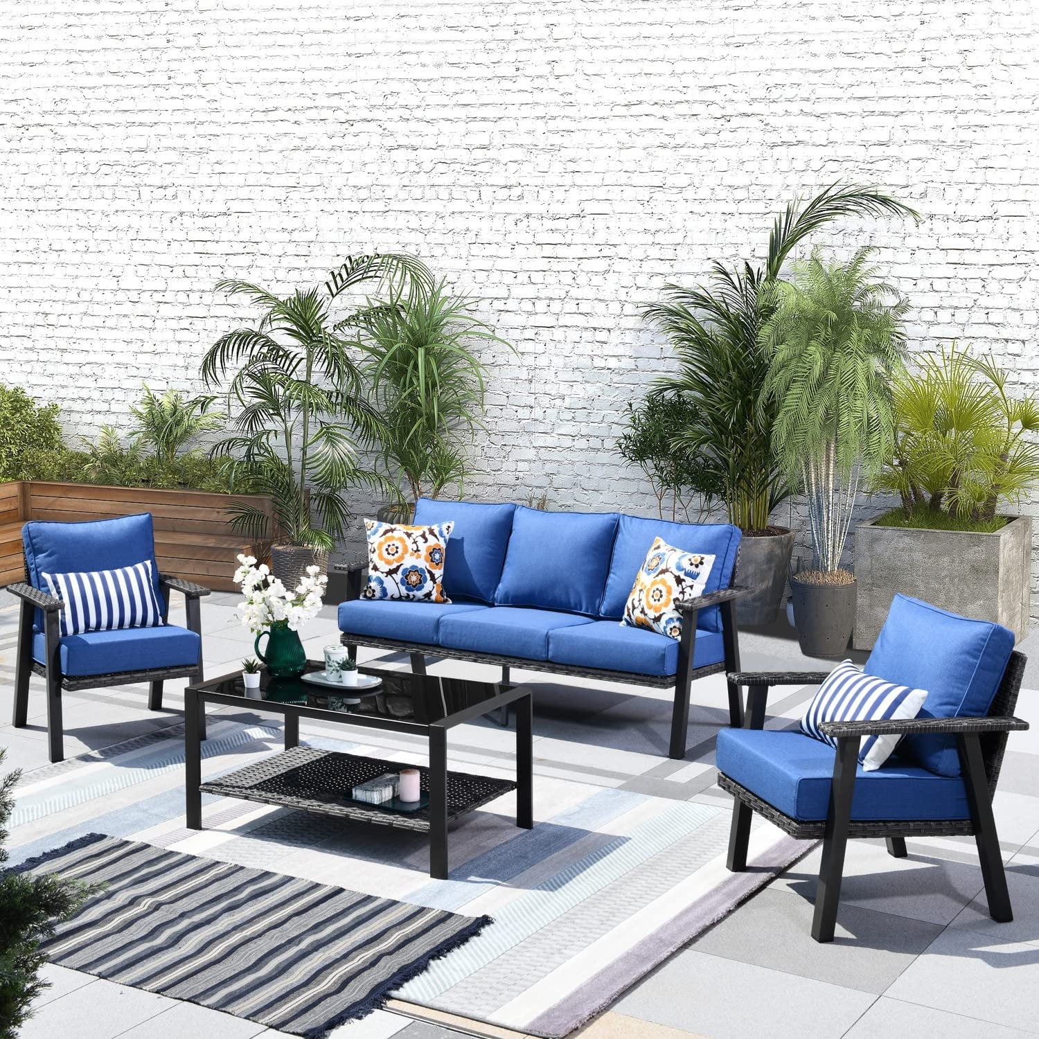 HOOOWOOO Outdoor  6 Piece Modern Conversation Set with 3 Seat Sofa 2 PCS All-Weather Wicker Chair Tempered Glass Top Table and Ottoman Footstool Dark Grey Cushions