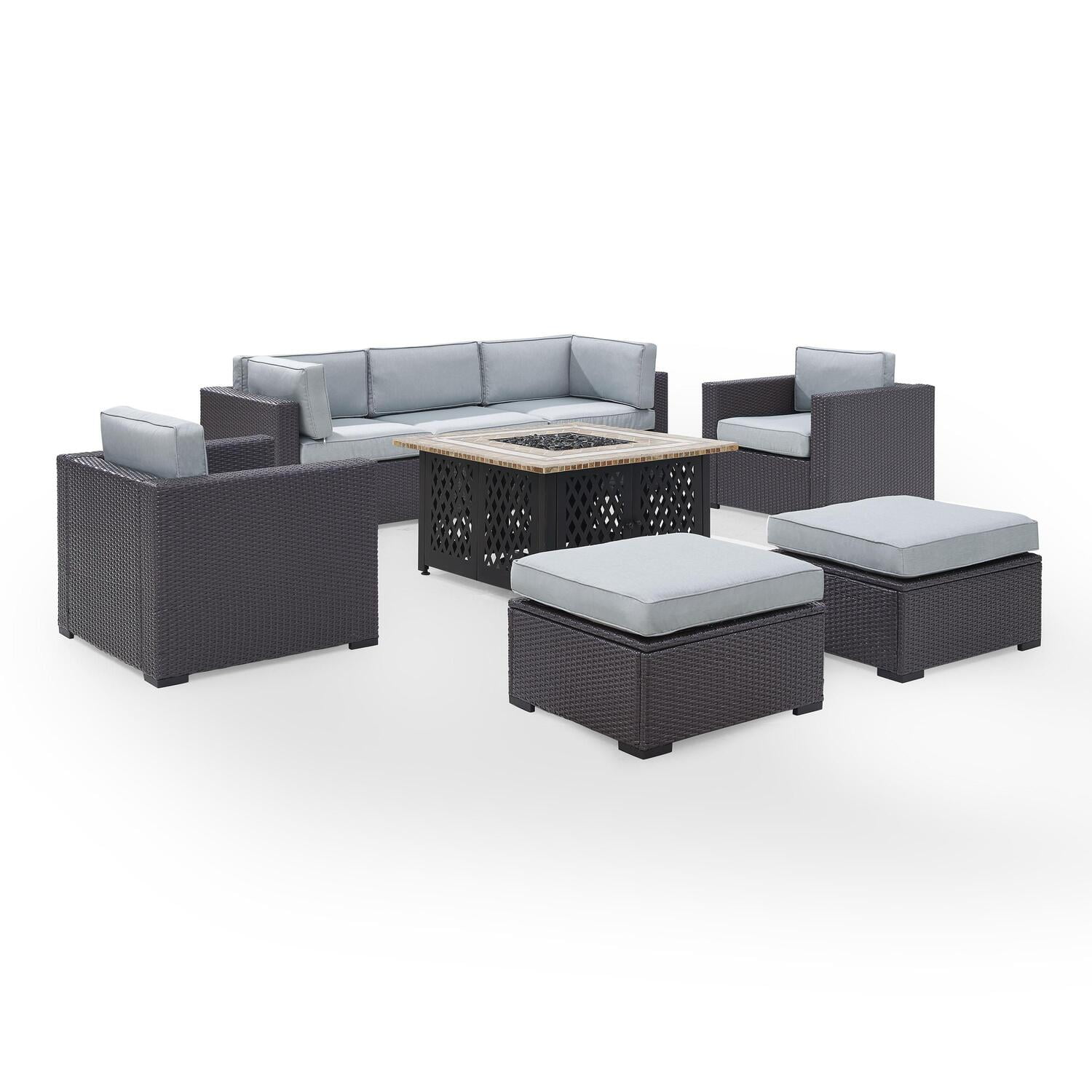 Maykoosh Eclectic Exclusivity 6Pc Outdoor Wicker Sectional Set W/Fire Pit White/Brown - Ashland Firepit, 2 Loveseats, Armless Chair, & 2 Ottomans