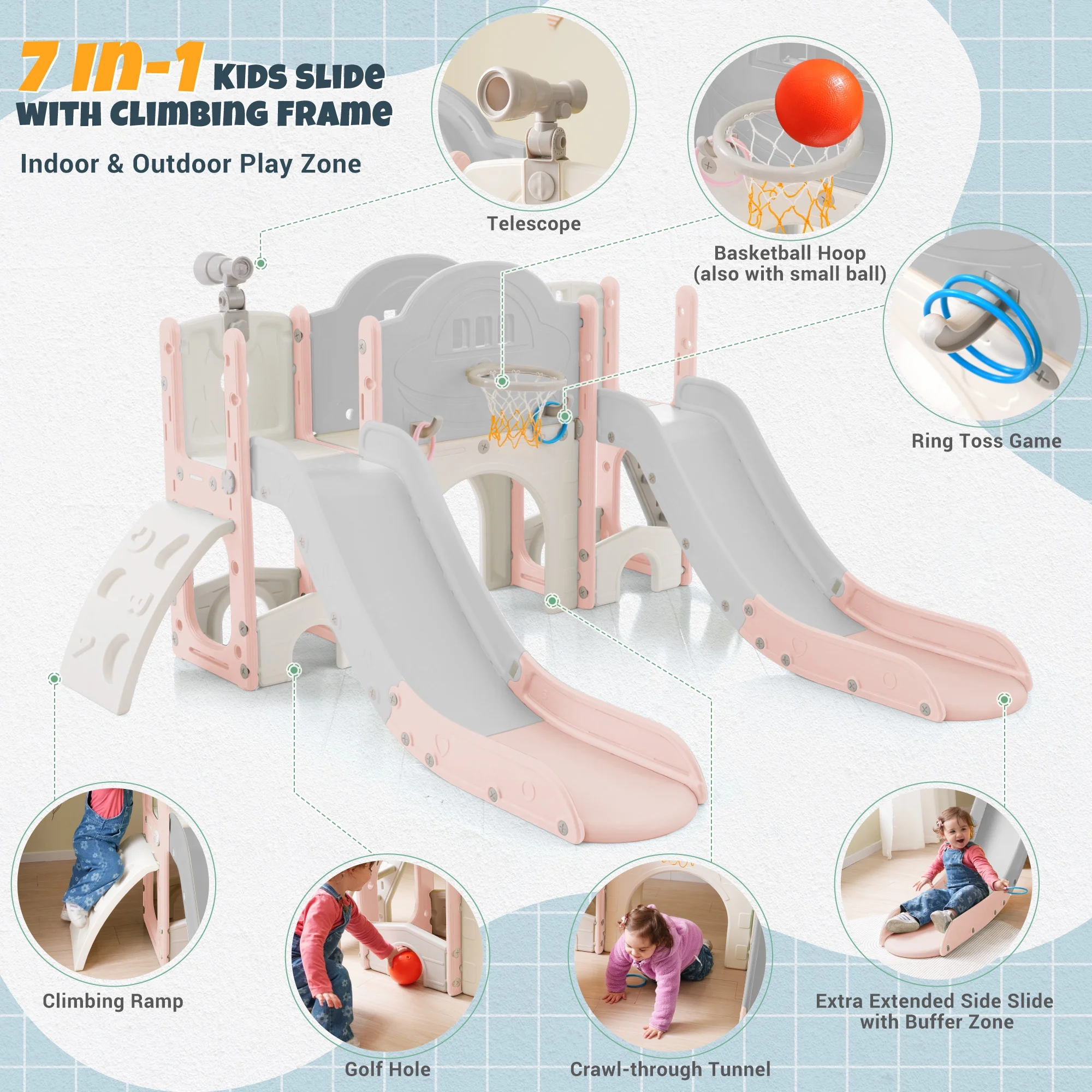 Kids Slide Playset Structure 7 in 1, Freestanding Spaceship Set with Slide, Arch Tunnel, Ring Toss and Basketball Hoop,Double Slides for Toddlers, Kids Climbers Playground