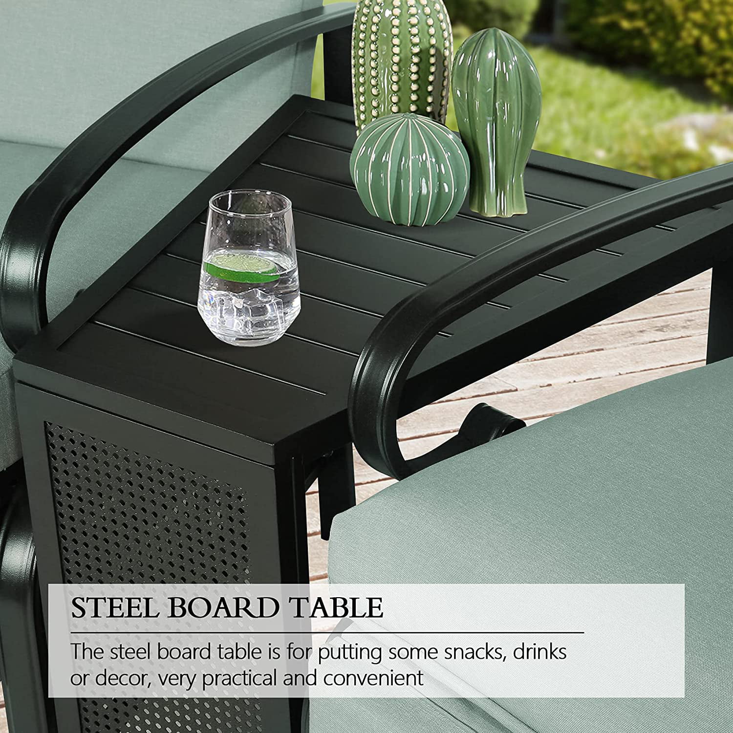 Ulax Furniture 3 Pieces Outdoor/Indoor Metal Recliner Conversation Set with Cushions, Mist Blue