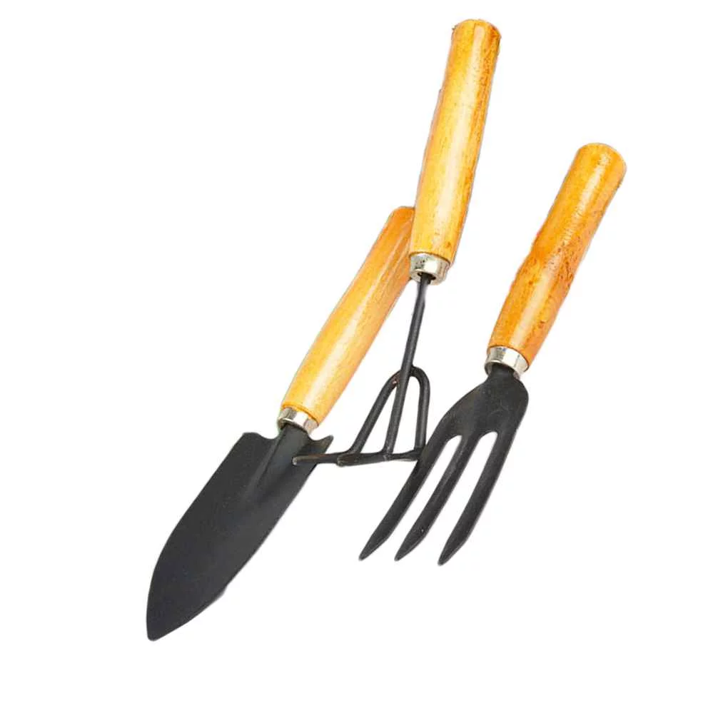 3pcs Garden Hand Tool Kit Plant Gardening Spade Rake Set Wood Han NE