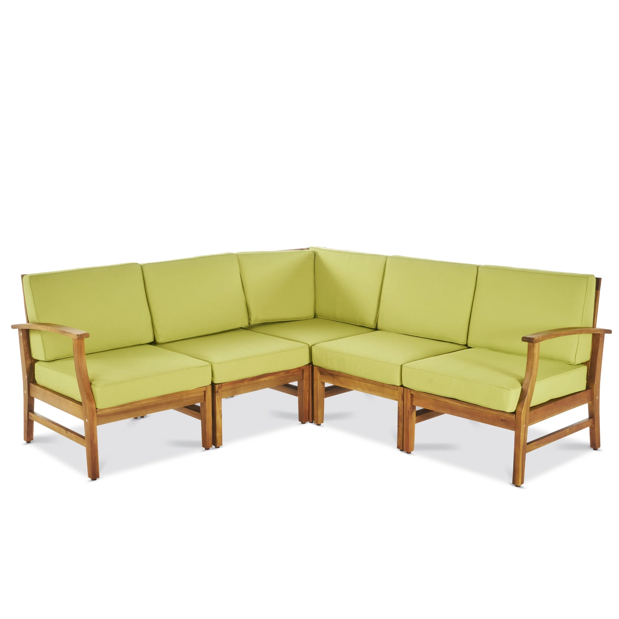 Bodhi Outdoor 5 Piece Sectional with Cushions, Teak, Green