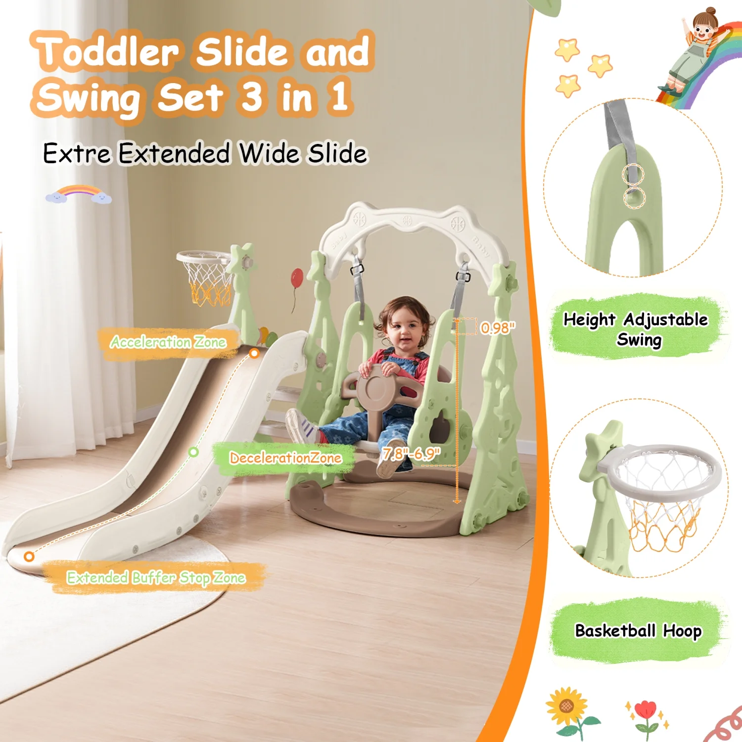 Sturdy and versatile 3-in-1 toddler slide and swing set with durable construction  ideal for indoor and outdoor use. This playground climber playset features basketball hoops for added fu