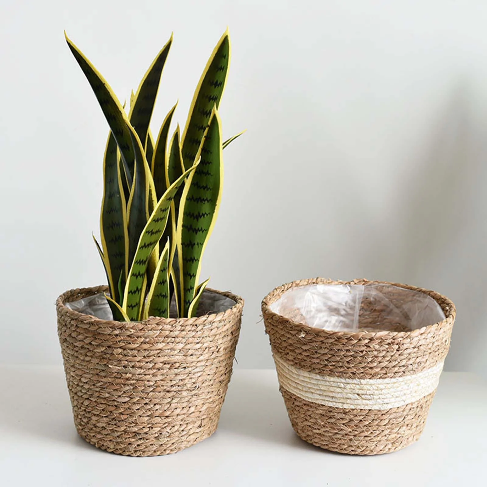 Jierger 2pcs Straw Flower Pot Home Decor Woven Flower Pots Outdoor Seagrass Planter Toy Storage Basket Wicker Vase Trash Can Durable Plant Woven Basket Decorations