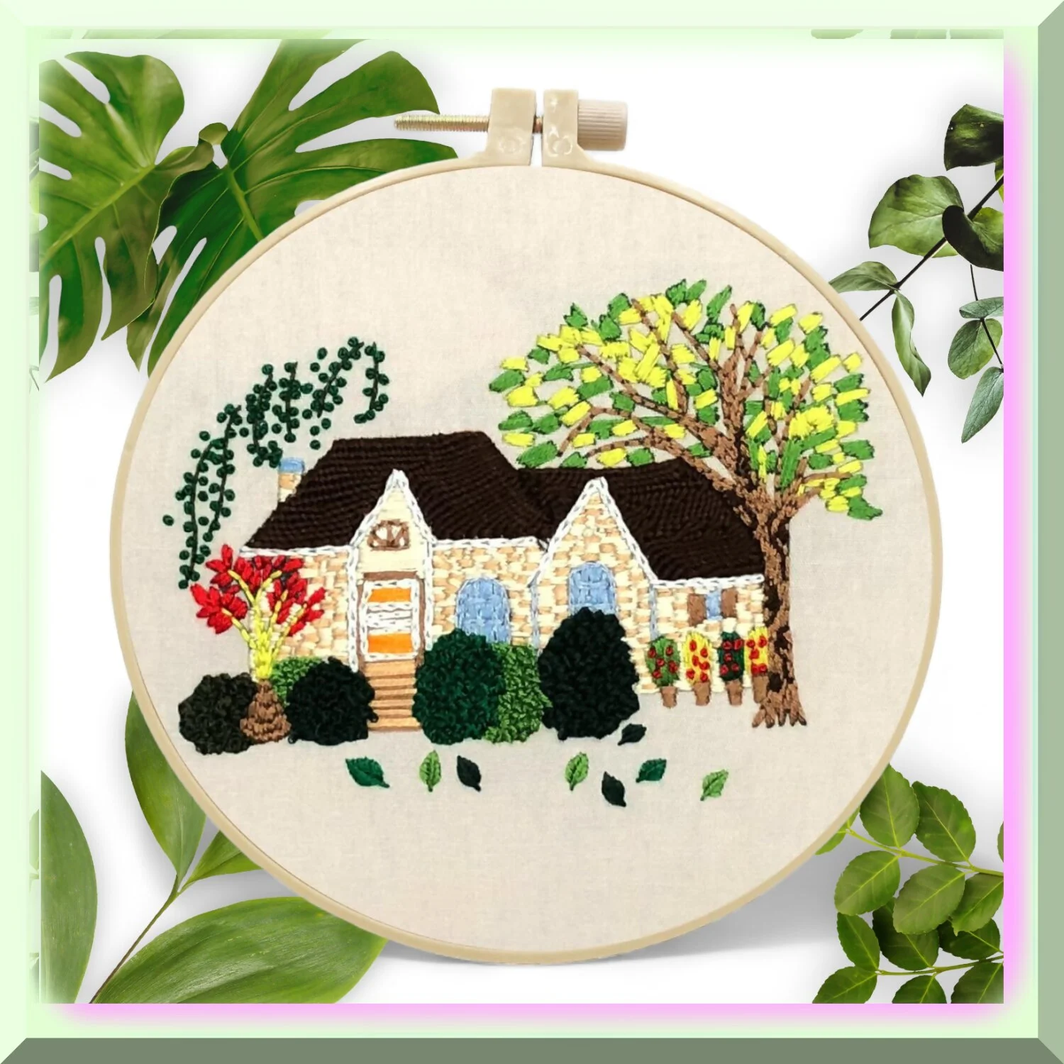 StitchCraft House & Tree: Vibrant Embroidery Kit for Beginners - Hoops, Threads, Patterns, Needlework - Ideal for Home Decoration & Creative Students (5)