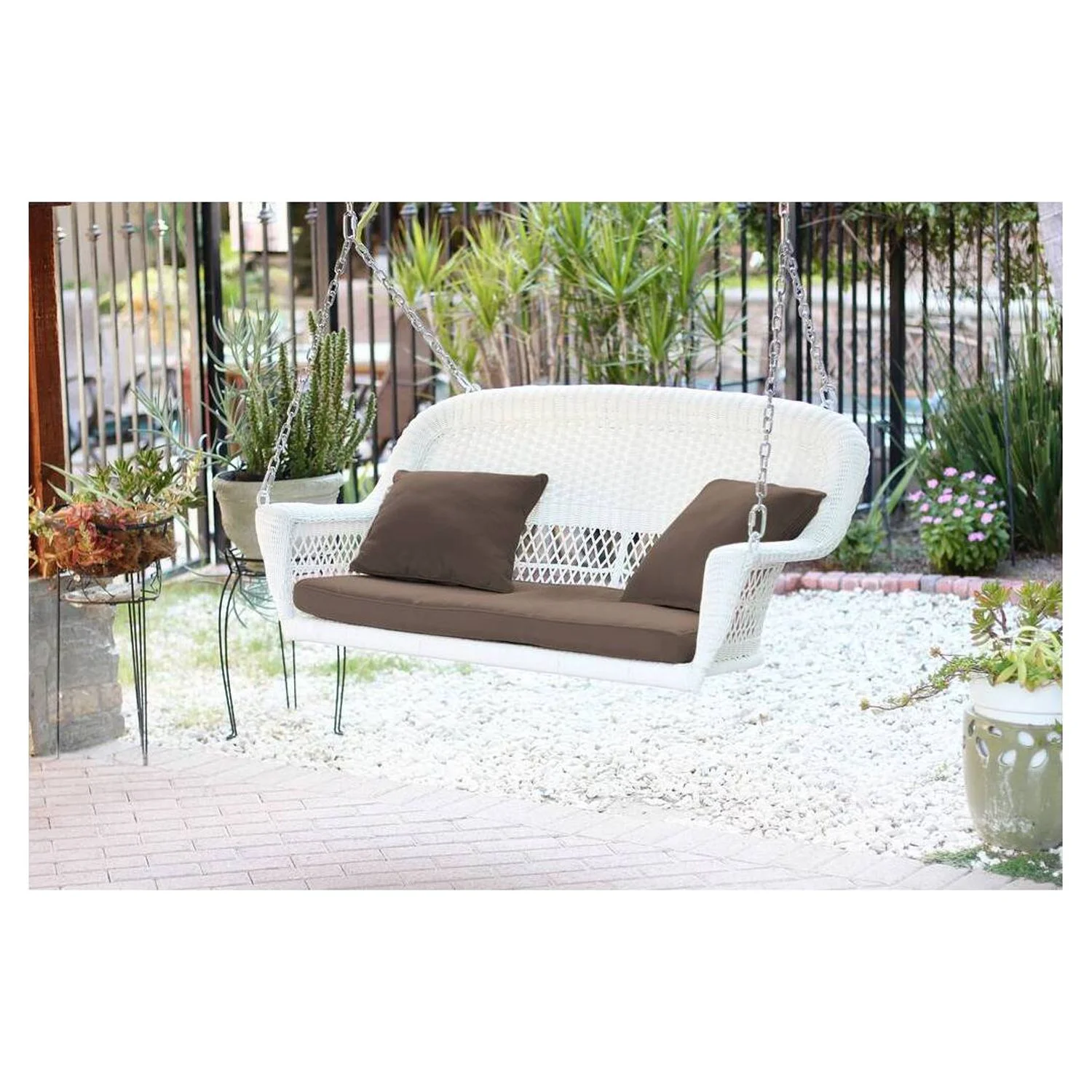 White Wicker Porch Swing with Brown Cushion