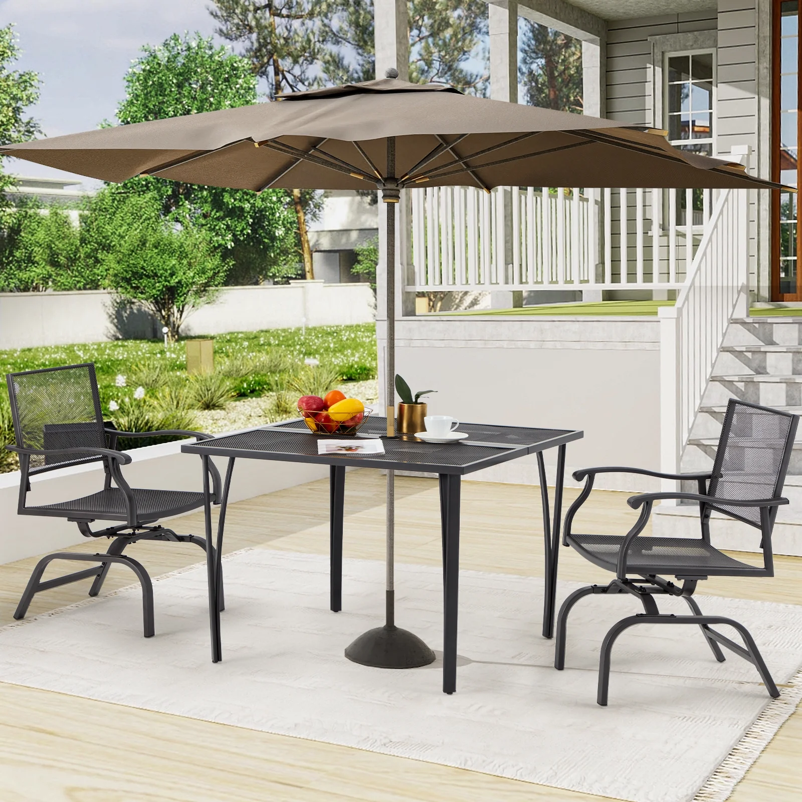 AECOJOY 3-Piece Outdoor Patio Dining Set, Outdoor Furniture Bistro Set with 2 Patio Rocking Chairs and 1 Square Patio Metal Table for Yard Garden Backyard Poolside, Dark Gray