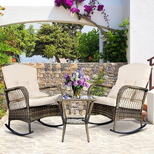 SJOIKLM 3-Piece Outdoor Rocking Chairs ， Wicker Patio  Modern Rattan Chair Conversation with Cushions & Glass Table for Garden Backyard  Bistro(RED)