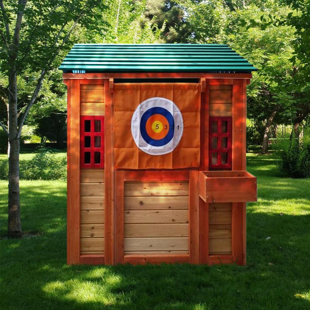 Eco-friendly Outdoor Wooden 4-in-1 Game House for kids garden playhouse with different games on every surface,Solid wood,61.4