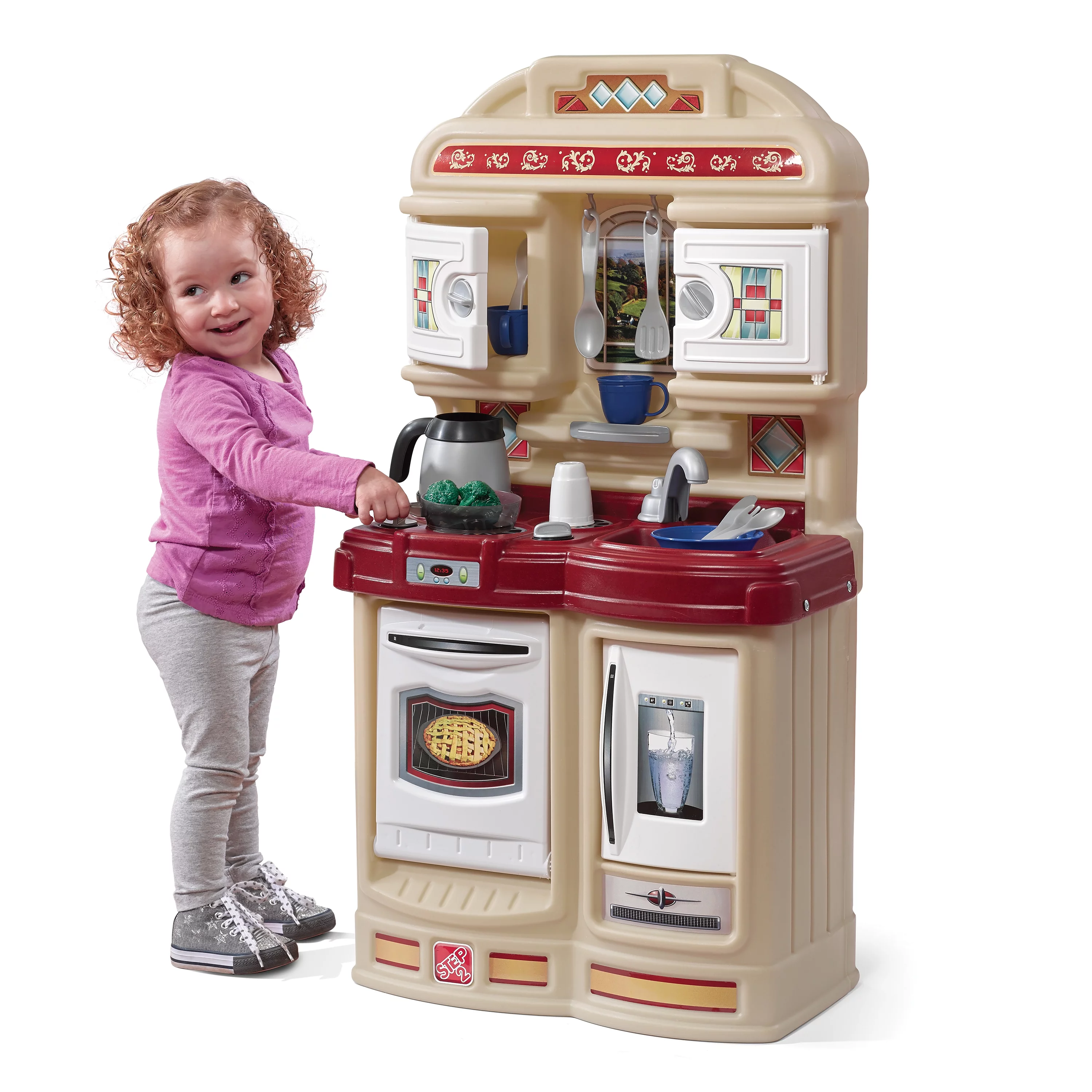 Step2 Tan Cozy Kitchen includes 21 Piece Plastic Toddler Kitchen Play Set