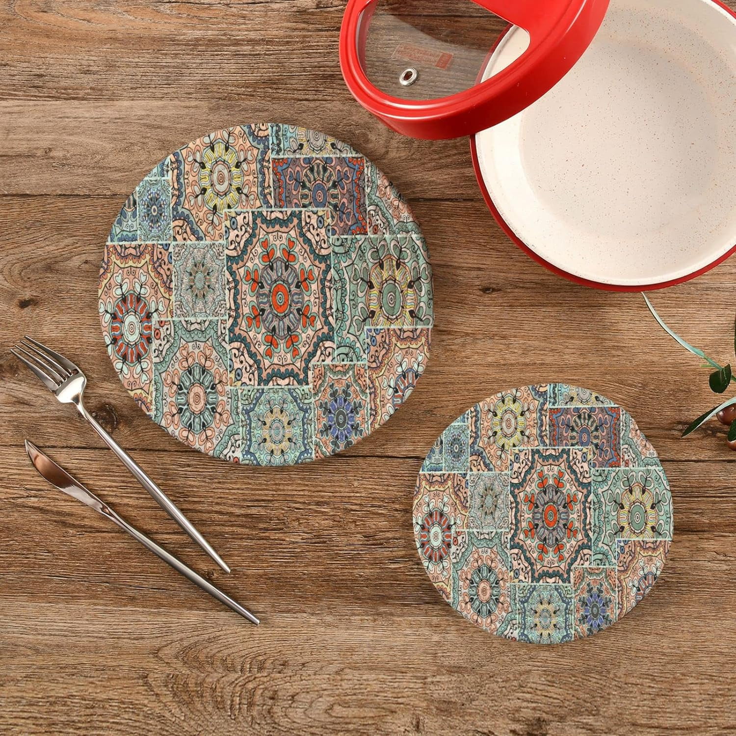 Hidove Graffiti Mosaic 2 Pieces Woven Pot Trivet Set Braided Weave Round Thread Pod Trivets Dish Trivet Cup Coaster Hot Pads Mats for Table Countertop Protector Hot Pads Pans Mats