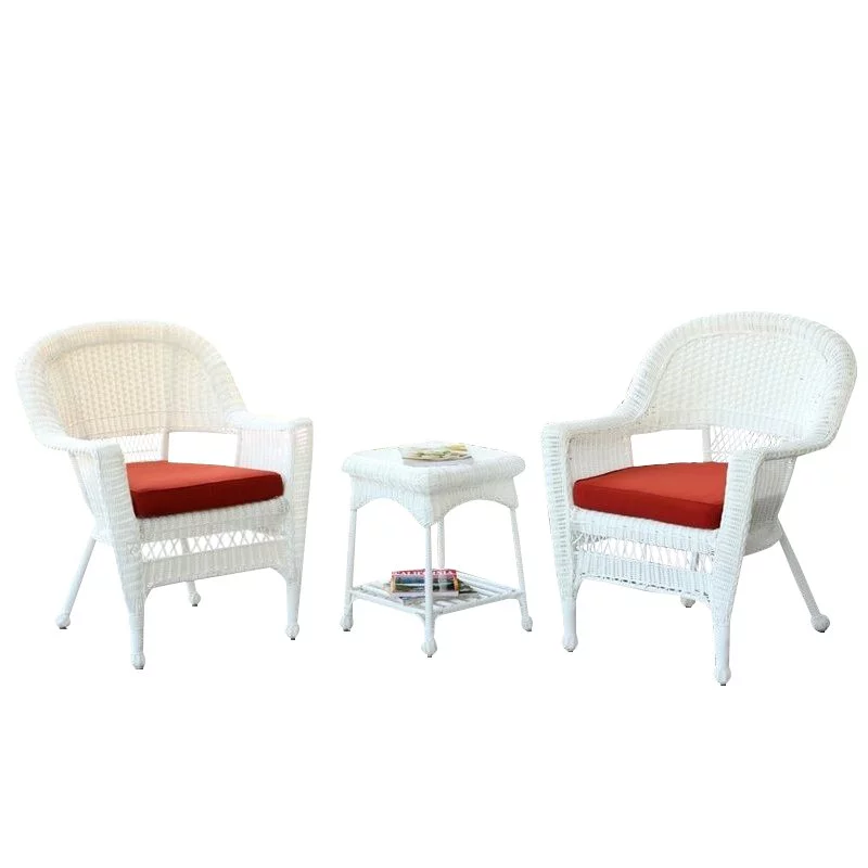 Afuera Living 3 Piece Wicker Conversation Set in White with Red Orange Cushions