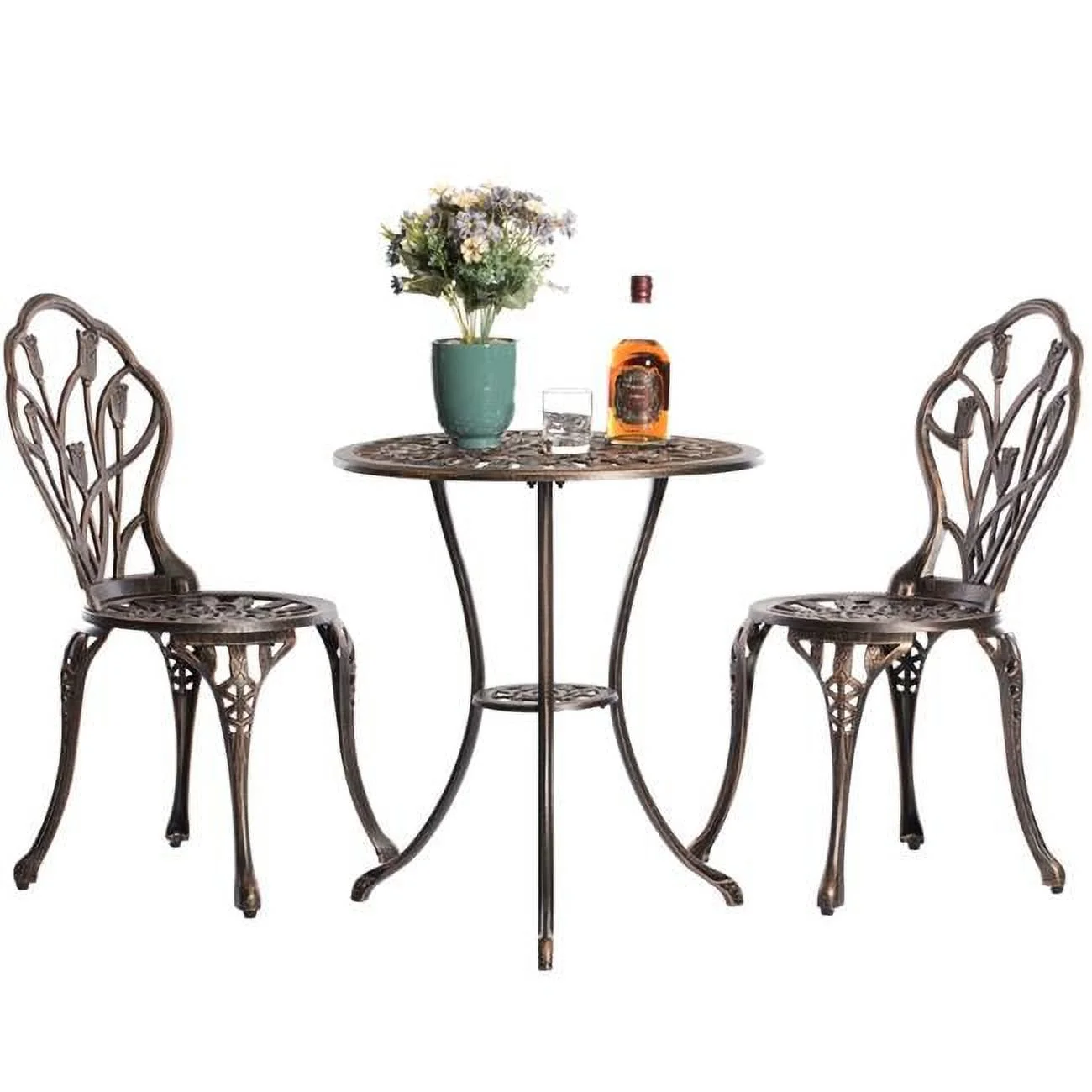 25 x 23.75 x 23.75 in. Indoor & Outdoor Bistro Patio Dinning Chairs with 1 Table, Bronze - Cast Aluminum - Set of 2