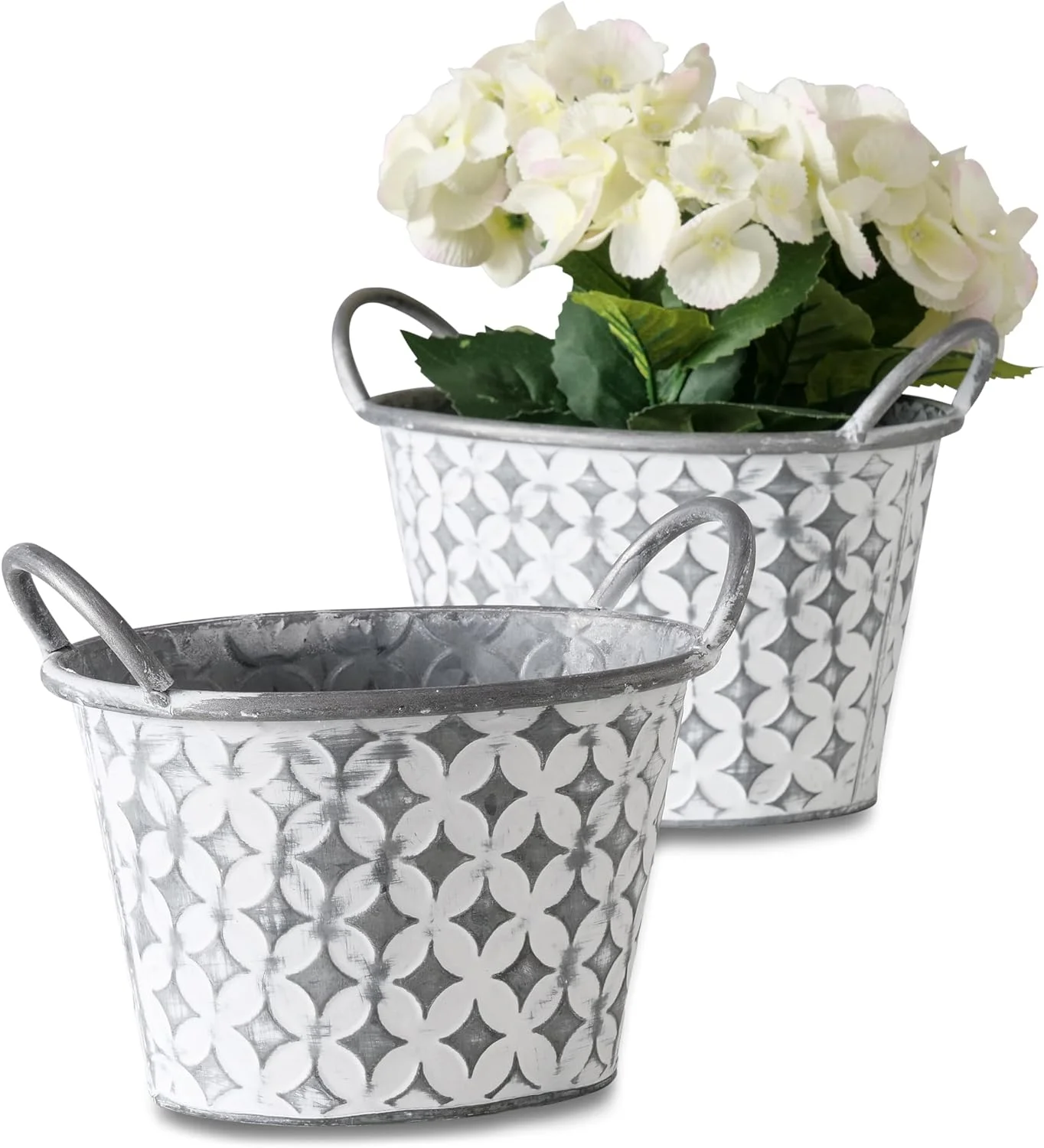 Corrugated Pot Planters, Set of 2, Shabby White Washed, Pale Grey, Zinc, Metal, Oval Cache Pots, Handles, 9.75 and 8.75 Inches Geometric Pattern